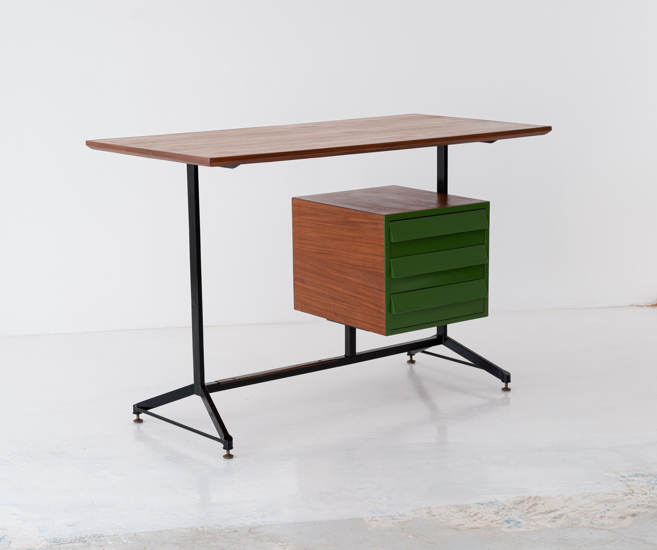 Vintage Restyled and Restored Italian Desk Table in Teak and Iron, 1950s 6