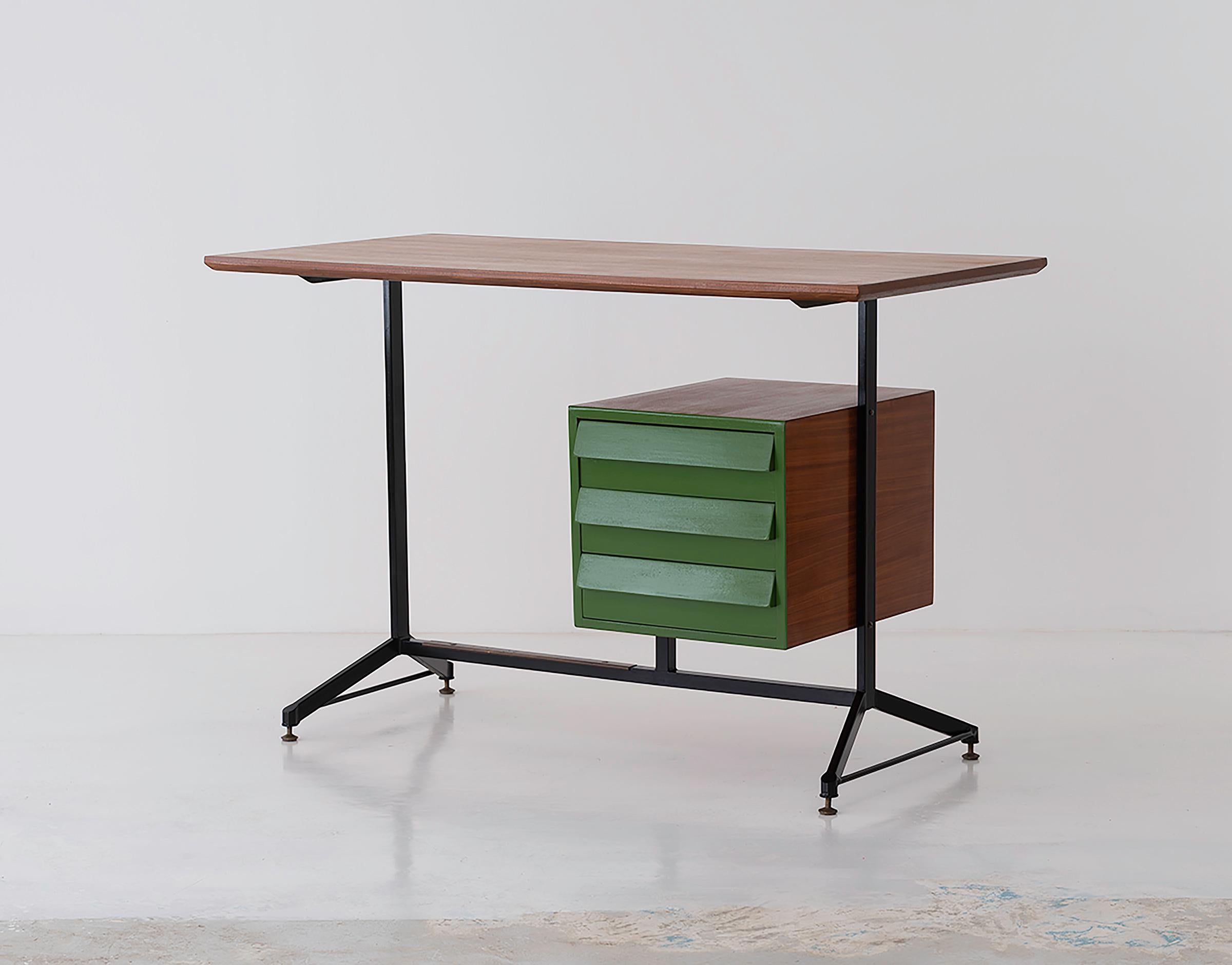 Vintage Restyled and Restored Italian Desk Table in Teak and Iron, 1950s 7