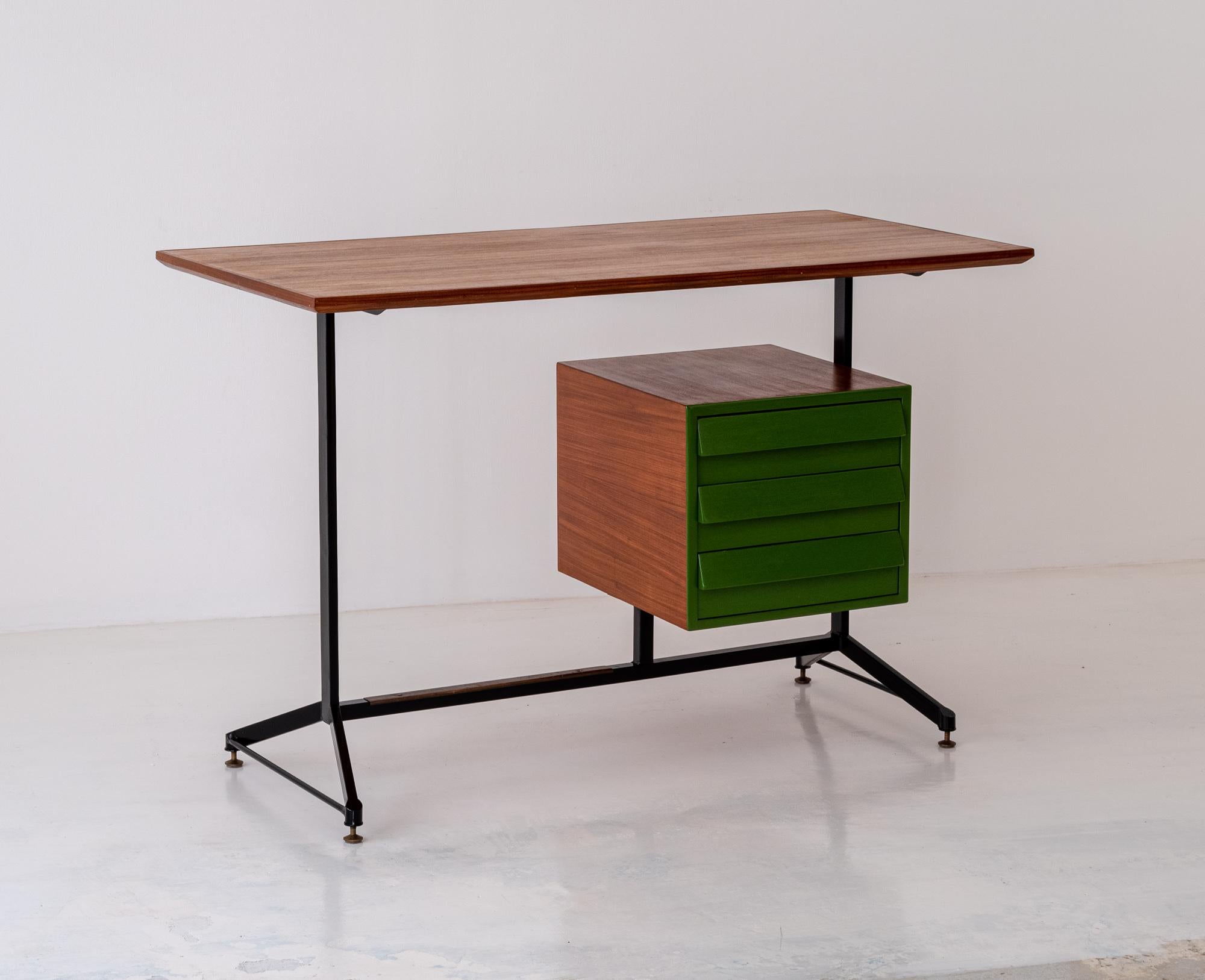 Vintage Restyled and Restored Italian Desk Table in Teak and Iron, 1950s 8