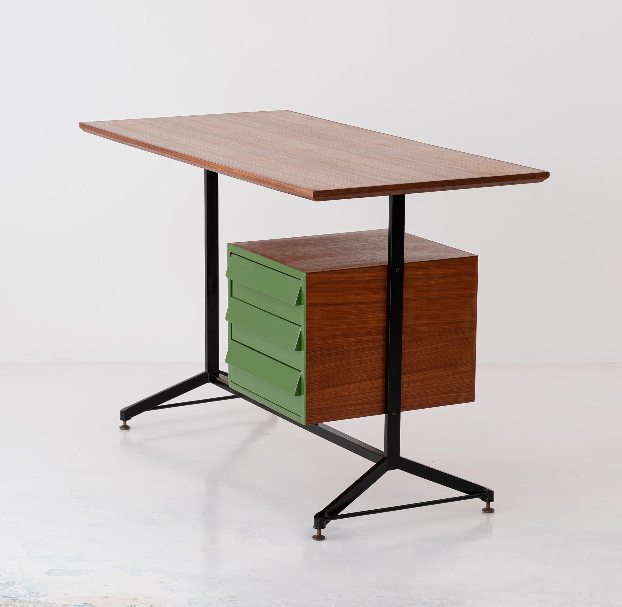 Vintage Restyled and Restored Italian Desk Table in Teak and Iron, 1950s 9
