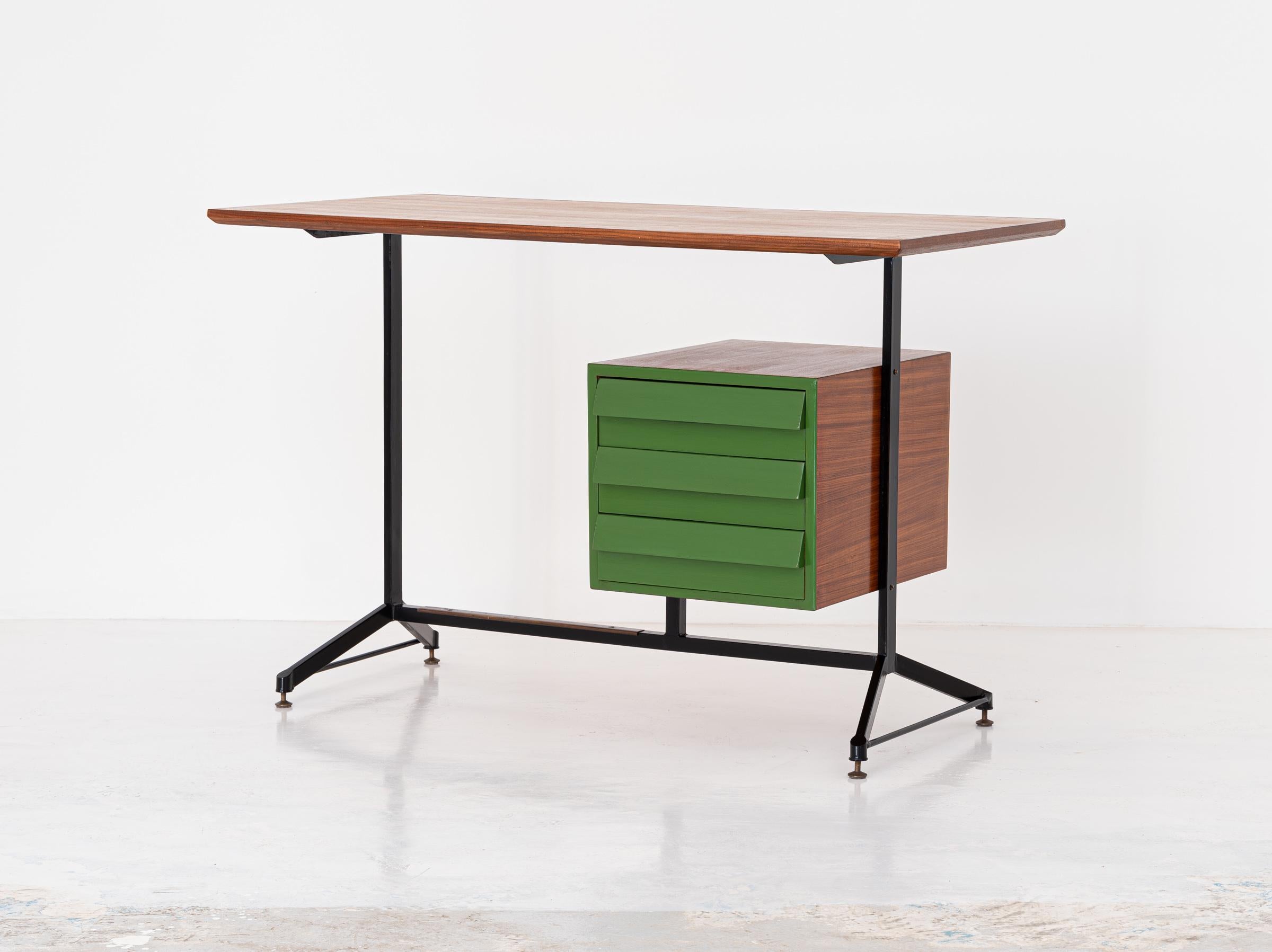 Mid-Century Modern Vintage Restyled and Restored Italian Desk Table in Teak and Iron, 1950s