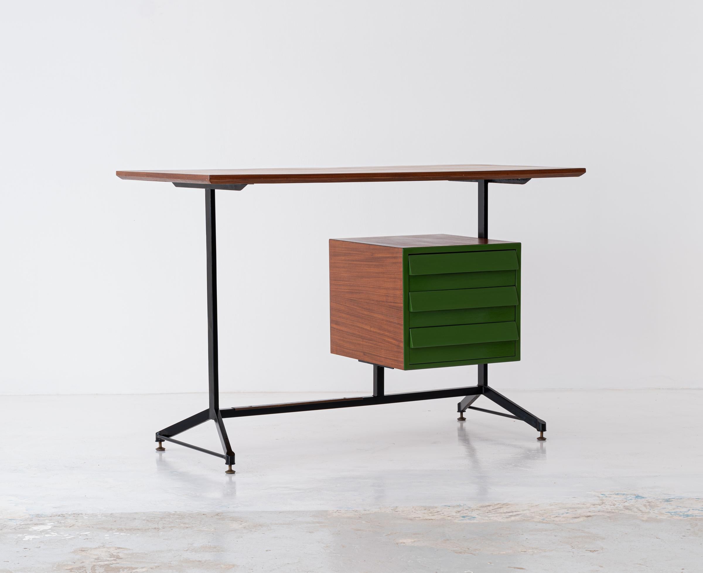 Vintage Restyled and Restored Italian Desk Table in Teak and Iron, 1950s In Good Condition In Rome, IT