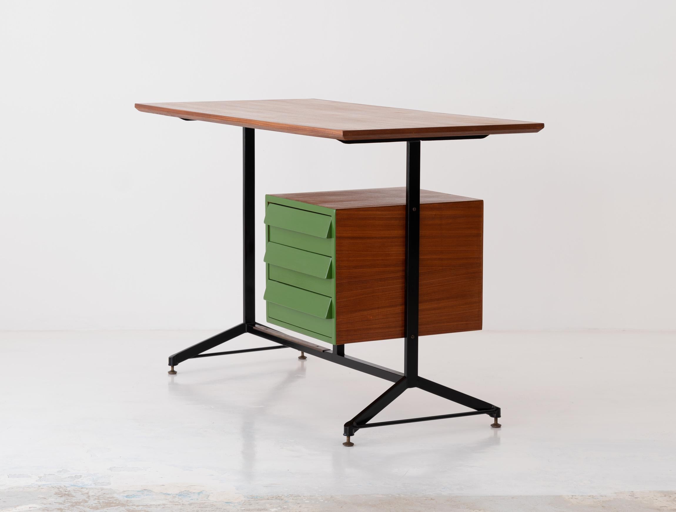 Brass Vintage Restyled and Restored Italian Desk Table in Teak and Iron, 1950s