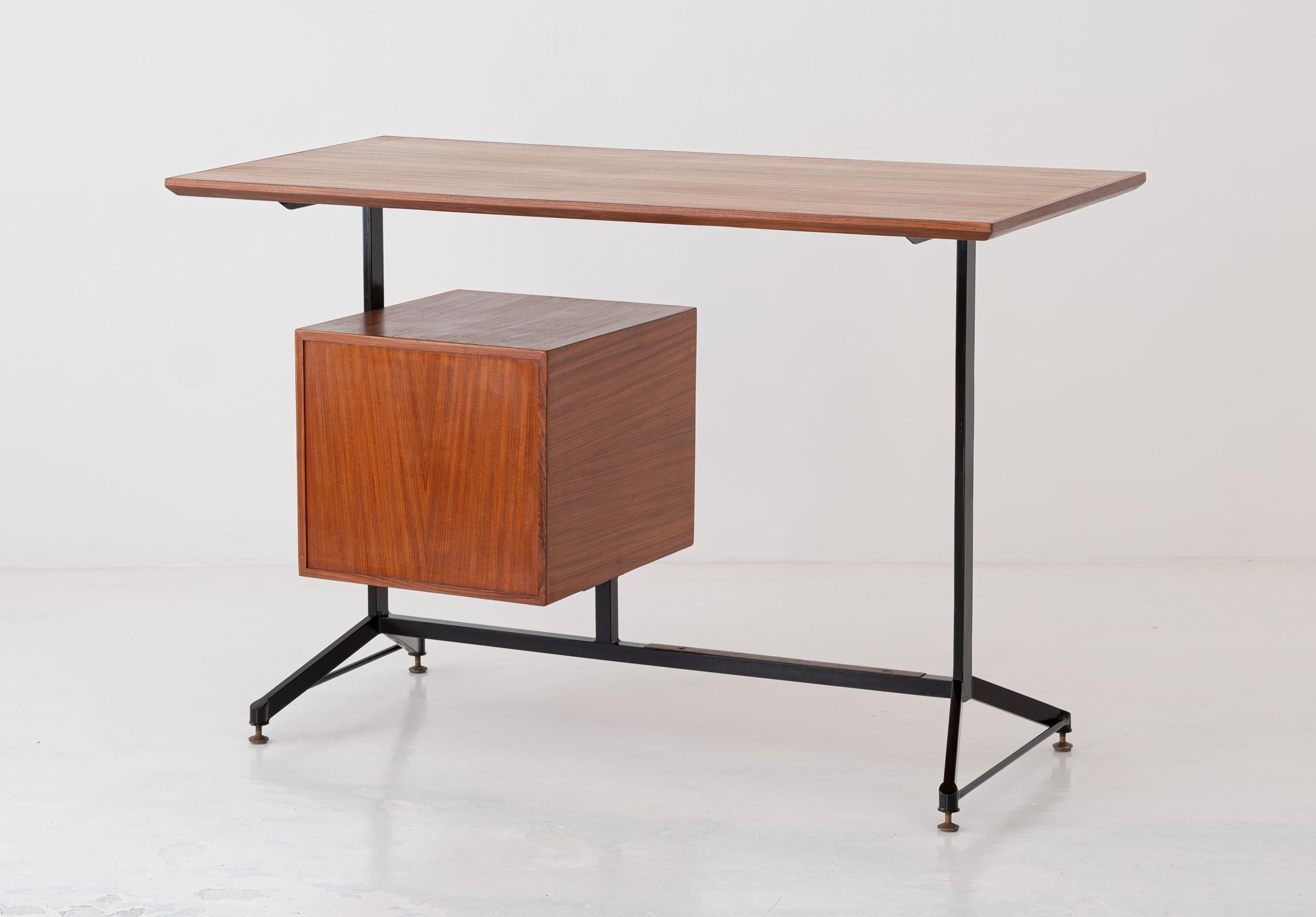 Mid-20th Century Vintage Restyled and Restored Italian Desk Table in Teak and Iron, 1950s