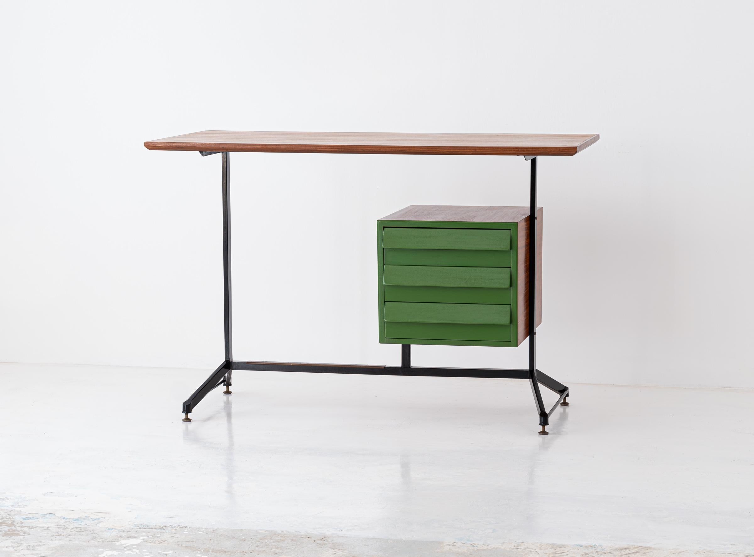 Vintage Restyled and Restored Italian Desk Table in Teak and Iron, 1950s 1