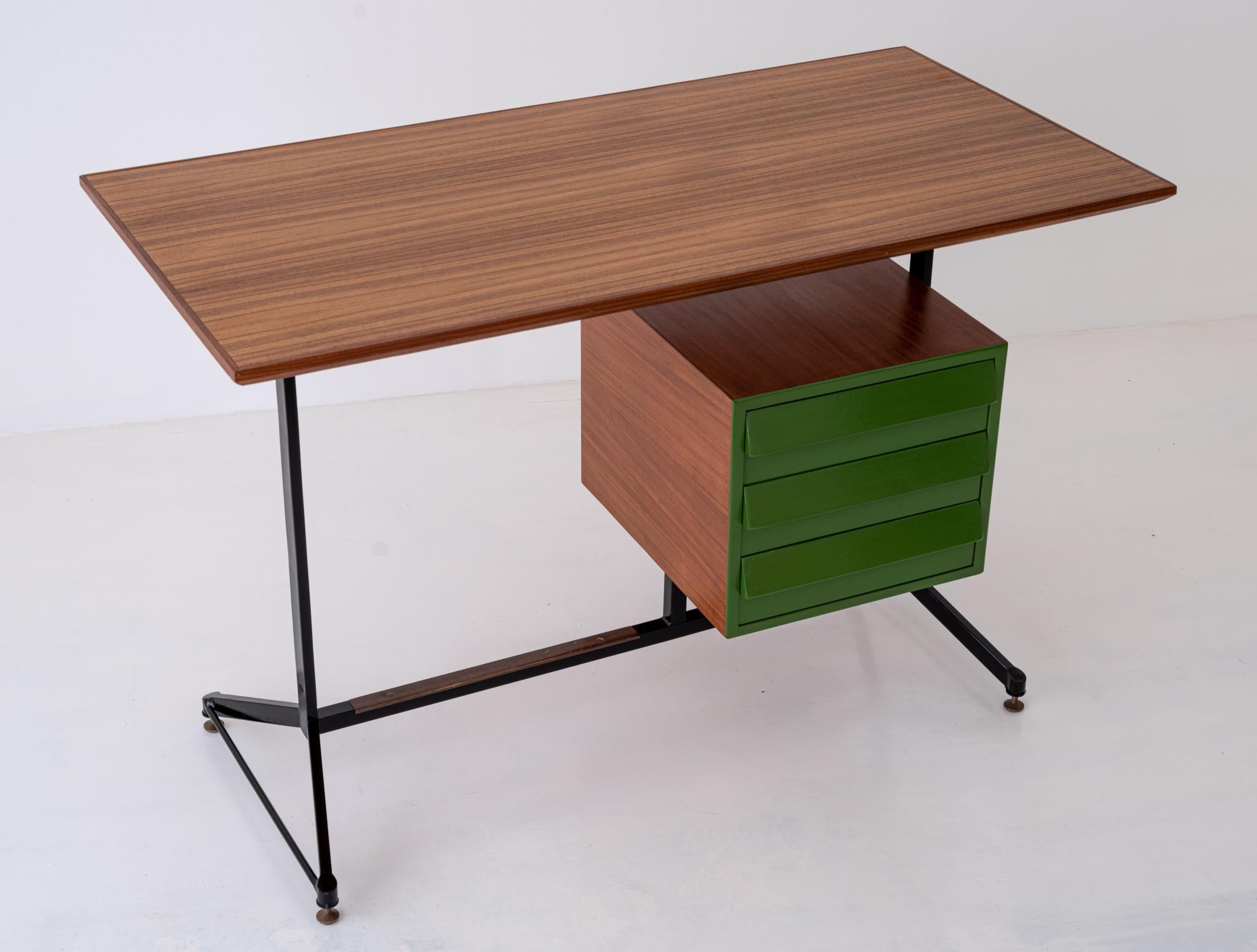 Vintage Restyled and Restored Italian Desk Table in Teak and Iron, 1950s 2