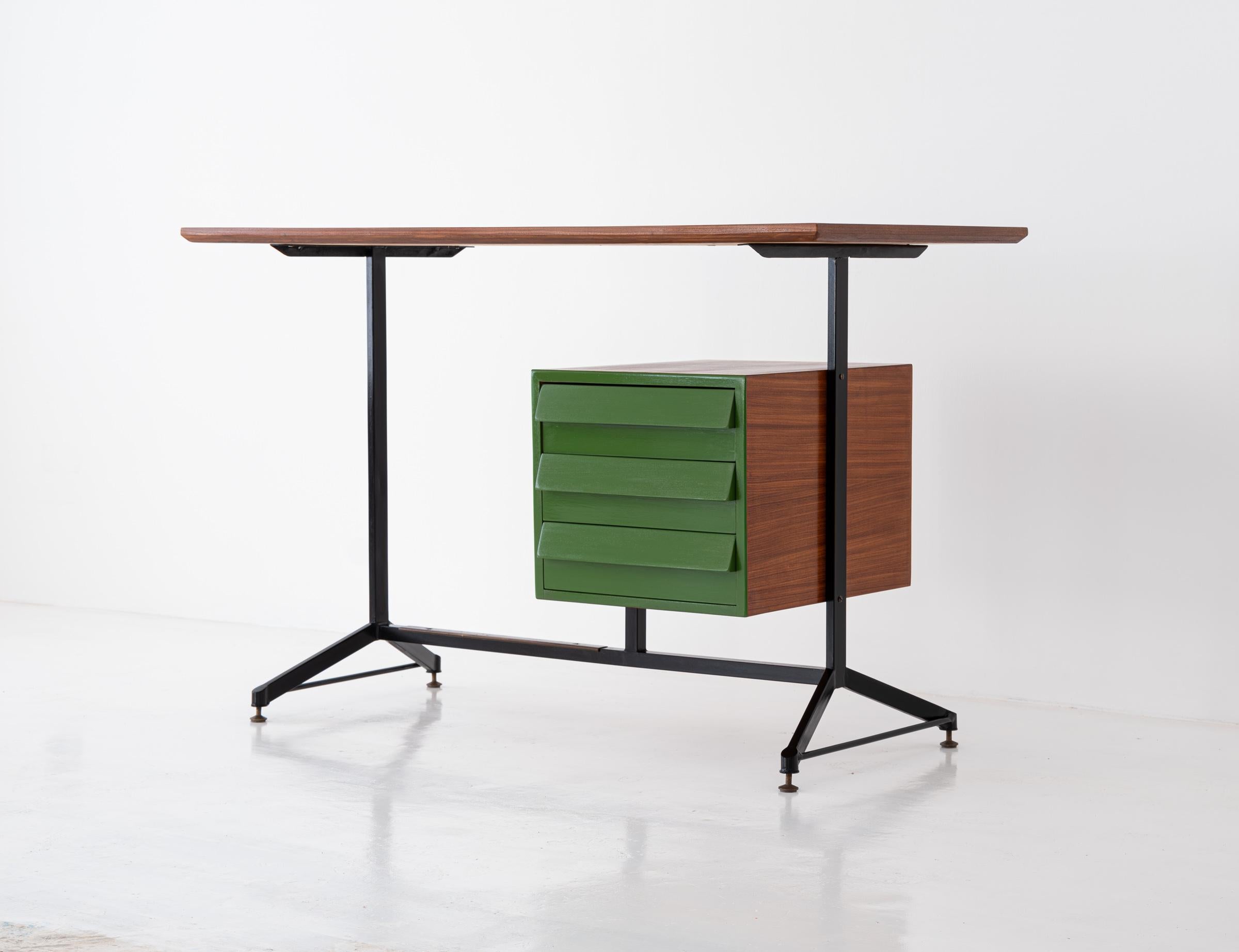 Vintage Restyled and Restored Italian Desk Table in Teak and Iron, 1950s 3
