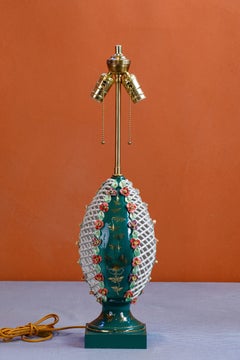 Vintage Reticulated Capodimonte Lamp with Green Background and Double Socket