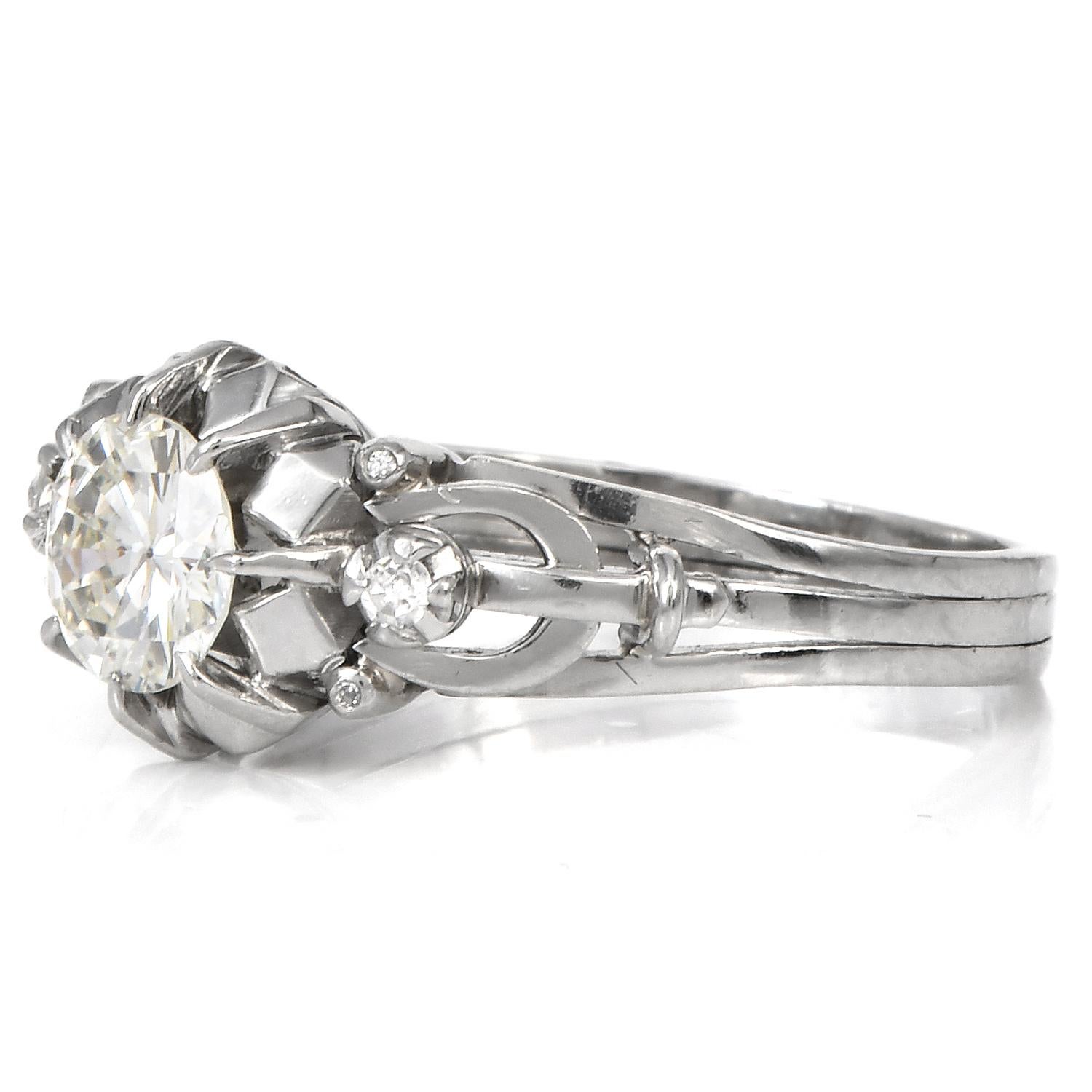 Round Cut Vintage Retro 1.02cts Diamond Open Work Platinum Engagement Ring For Sale