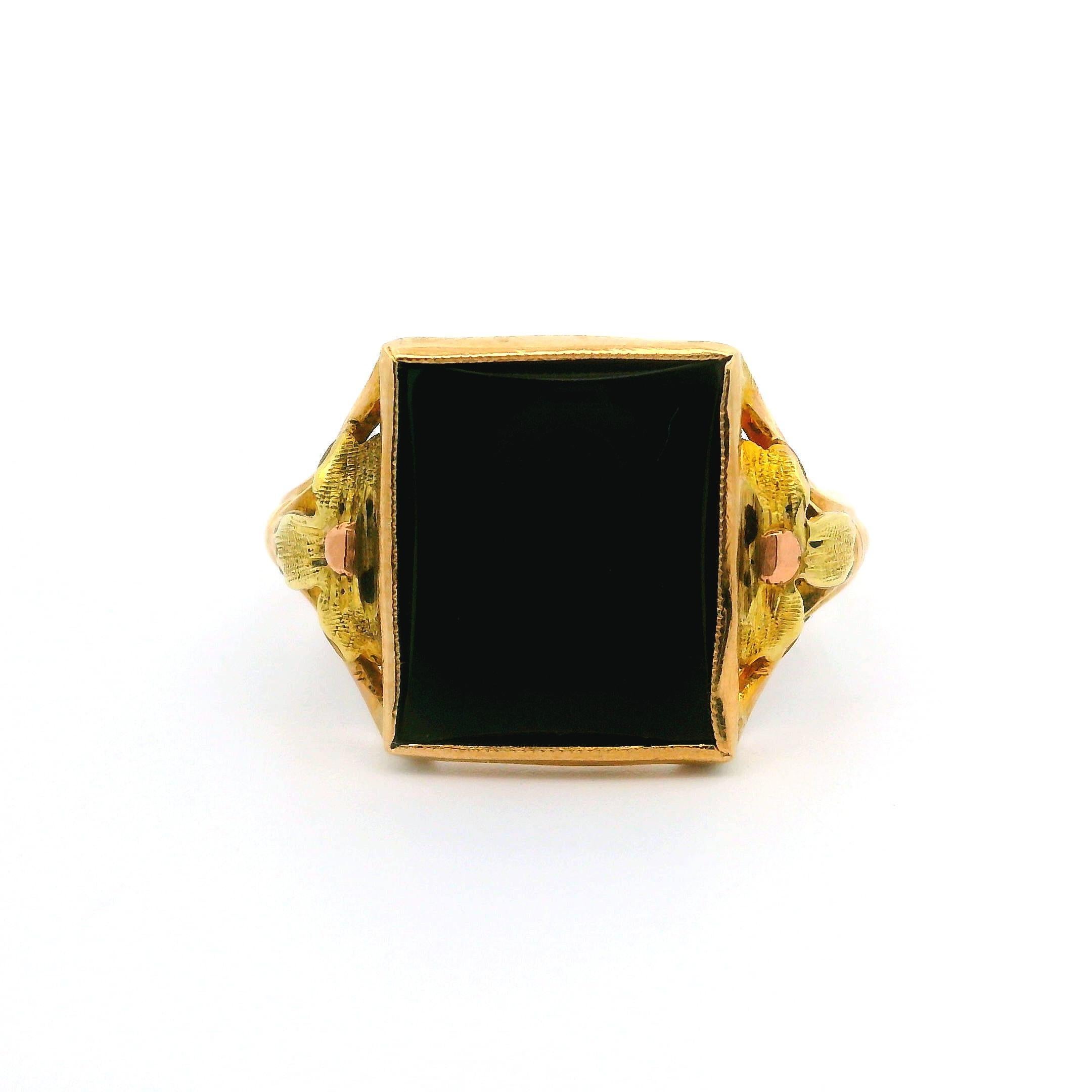 Vintage Retro 10k Grün Rose Gelbgold Schwarzer Onyx Floral Design Schulterring (Rosenschliff) im Angebot
