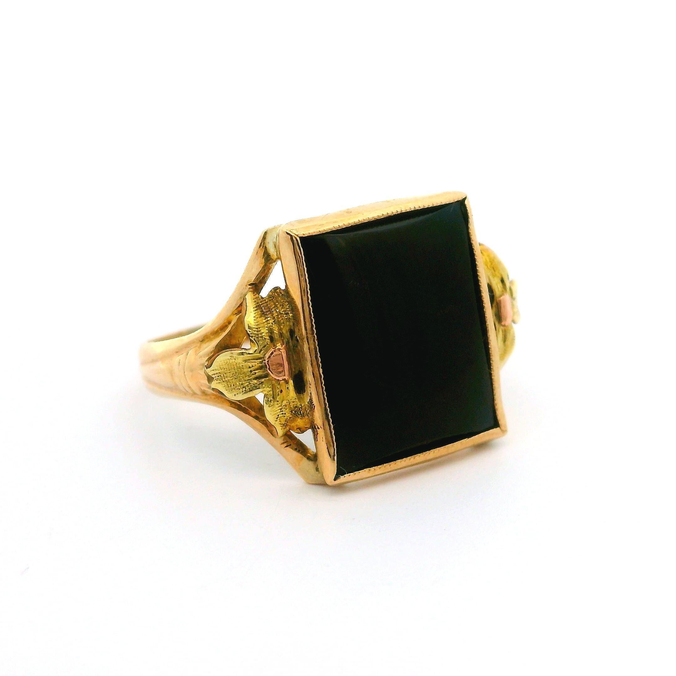 Vintage Retro 10k Grün Rose Gelbgold Schwarzer Onyx Floral Design Schulterring im Zustand „Hervorragend“ im Angebot in Montclair, NJ