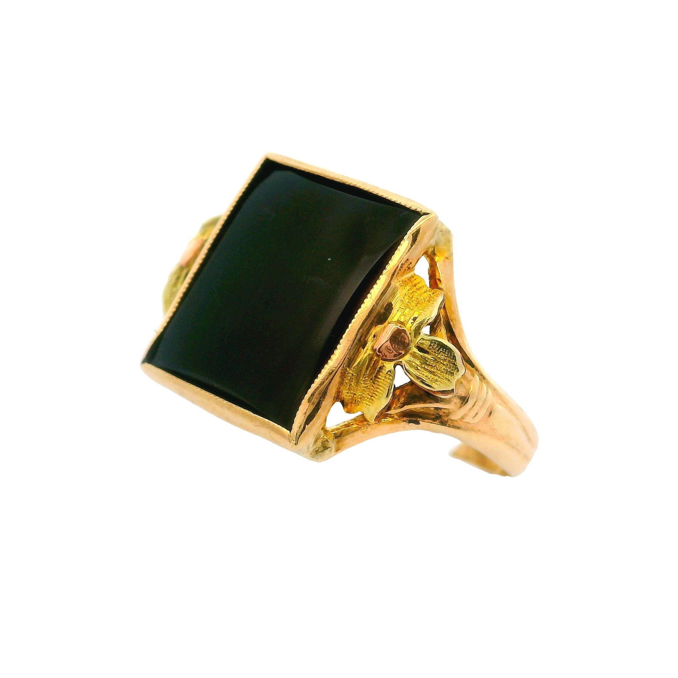 Vintage Retro 10k Grün Rose Gelbgold Schwarzer Onyx Floral Design Schulterring im Angebot 2