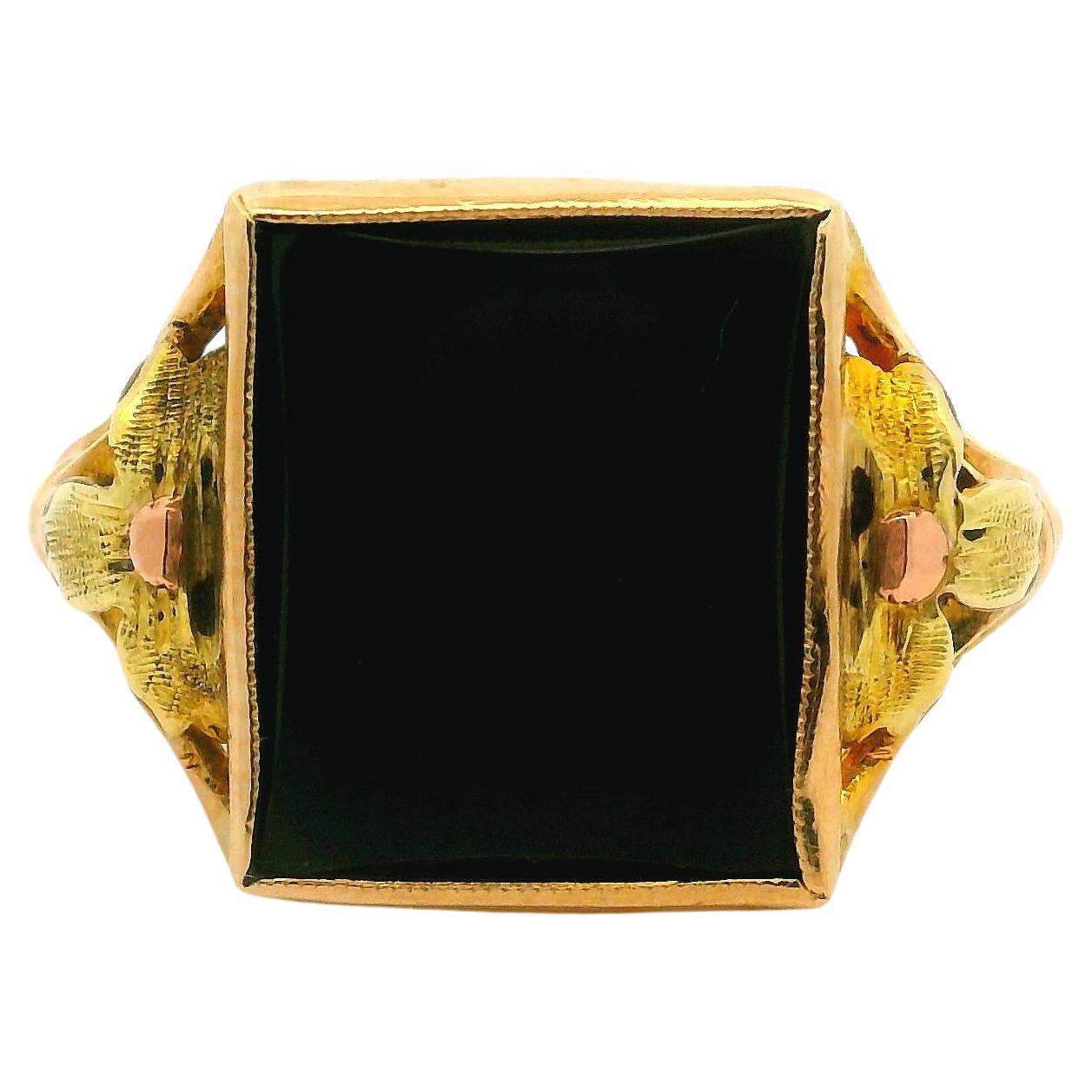 Anillo retro vintage de oro amarillo rosa verde de 10 quilates con diseño floral de ónice negro en los hombros