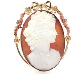 Vintage Retro 10k Rose & Yellow Gold Carved Shell Cameo Floral Frame Pin Brooch
