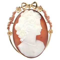 Vintage Retro 10k Rose & Yellow Gold Carved Shell Cameo Floral Frame Pin Brooch