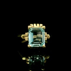 Vintage Retro 10k Yellow Gold Aquamarine Solitaire Scroll Work Solitaire Ring