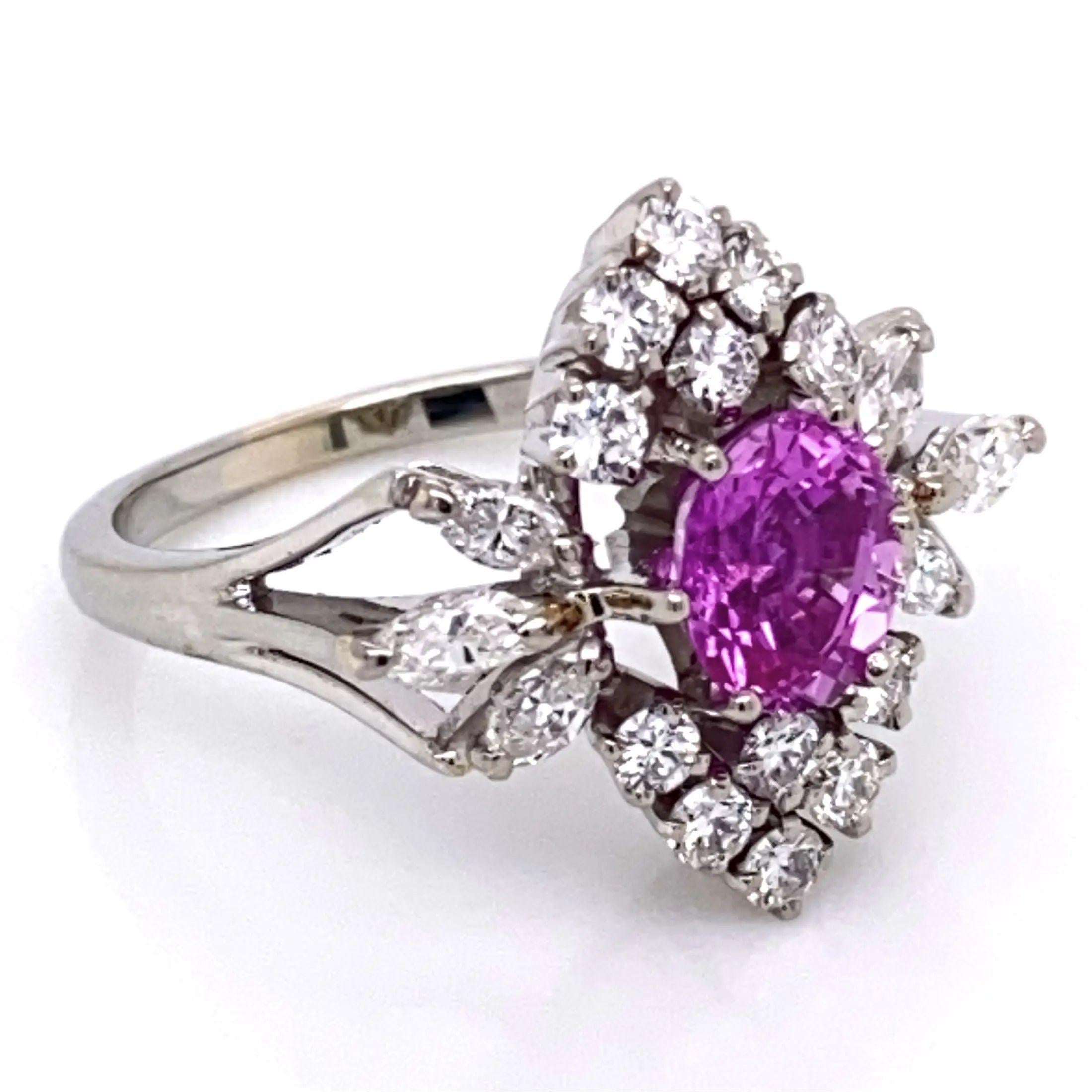 Simply Beautiful Vintage Retro Mid Century Modern Pink Sapphire and Diamond Gold Cocktail Ring. Centering a securely nestled Hand set Pink Sapphire weighing 1.25 Carat. Surrounded by Diamonds weighing approx. 0.90tcw. Hand crafted 18K White Gold