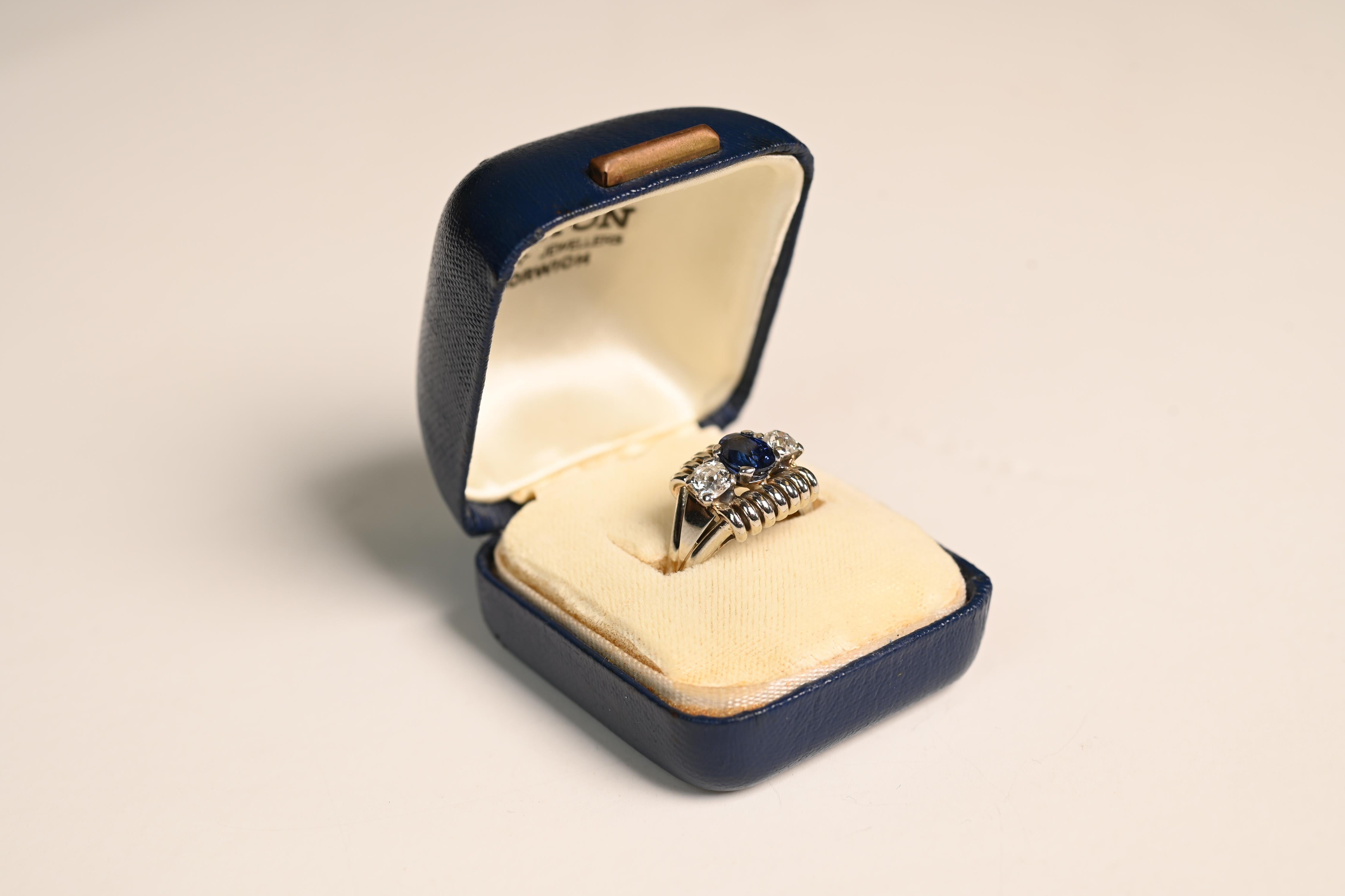 Old European Cut Vintage Retro Sapphire (Approx. 1.20-Carats) and Diamond Ring, 18K White Gold For Sale