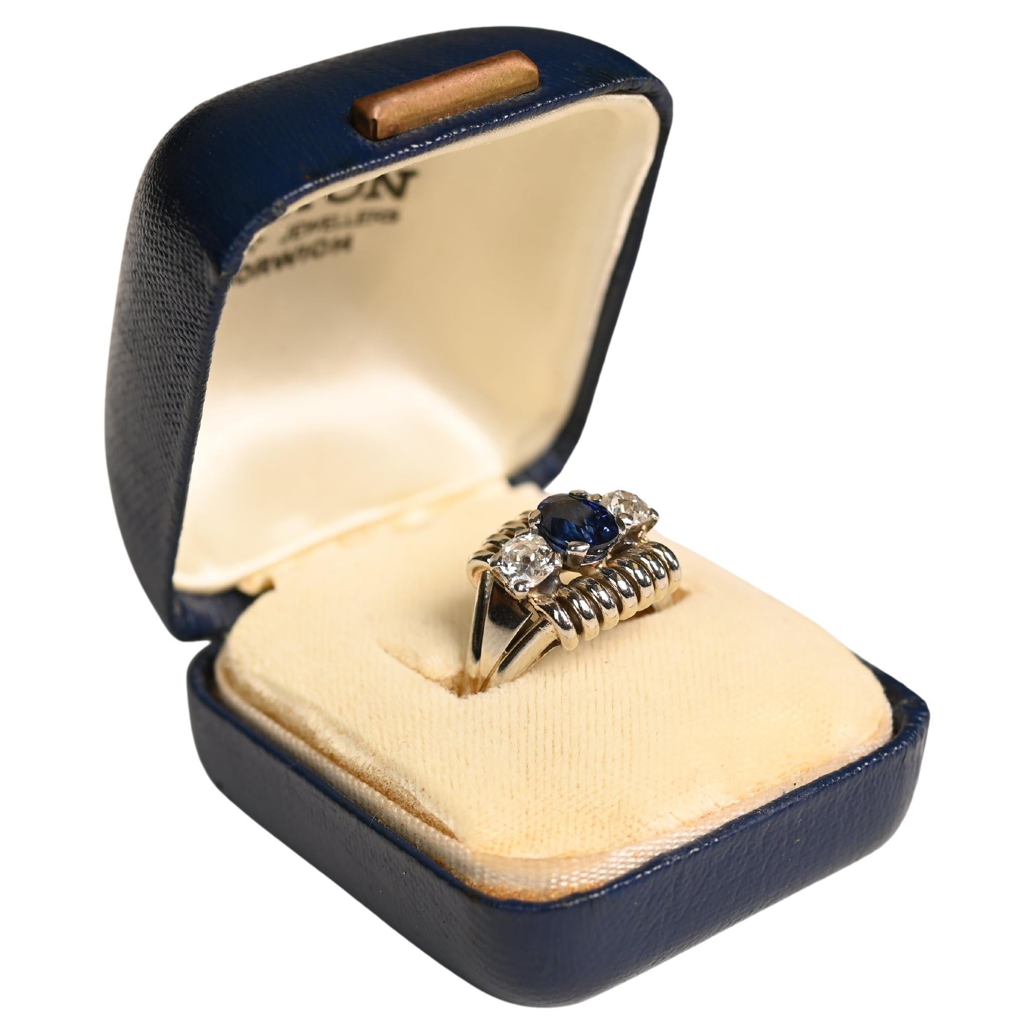 Vintage Retro Sapphire (Approx. 1.20-Carats) and Diamond Ring, 18K White Gold