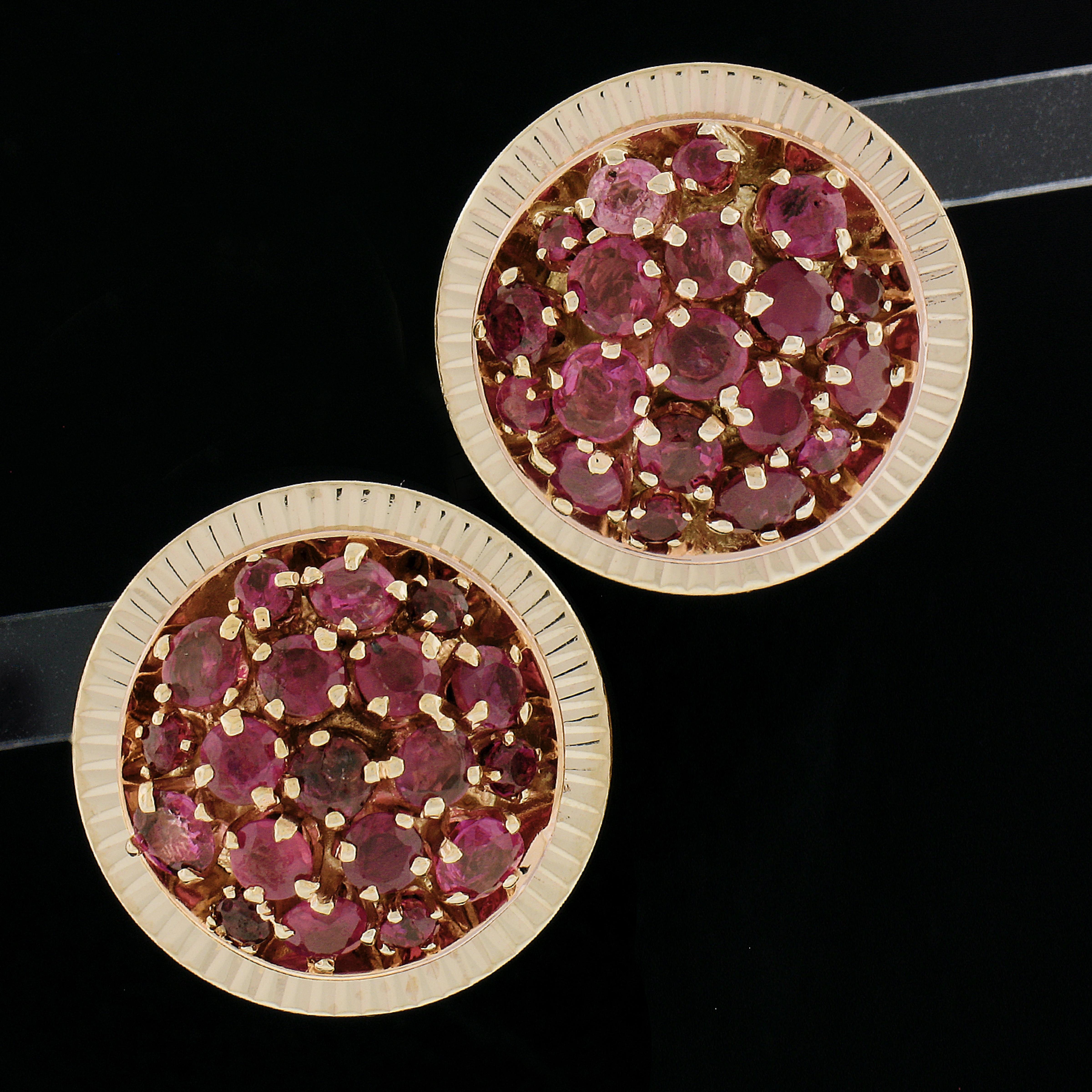 --Stone(s):--
Numerous Natural Genuine Rubies - Old Cut - Pave Set - Pinkish Red Color
Total Carat Weight:	3.0 (approx.)

Material: Solid 14k Yellow Gold 
Weight: 10.95 Grams
Backing:	Posts w/ Omega Closures (Pierced ears are required.)
Diameter: