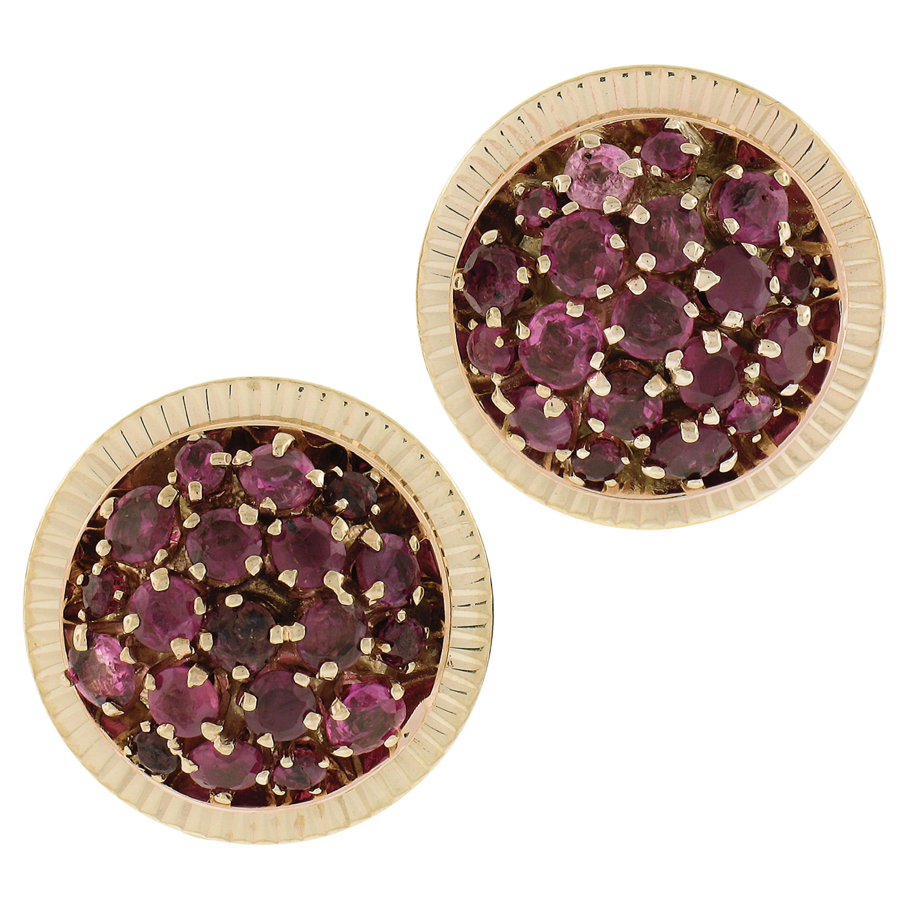 Vintage Retro 14k Gold 3ctw Ruby Cluster Fluted Borders Button Omega Earrings For Sale