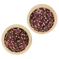 Vintage Retro 14k Gold 3ctw Ruby Cluster Fluted Borders Button Omega Earrings
