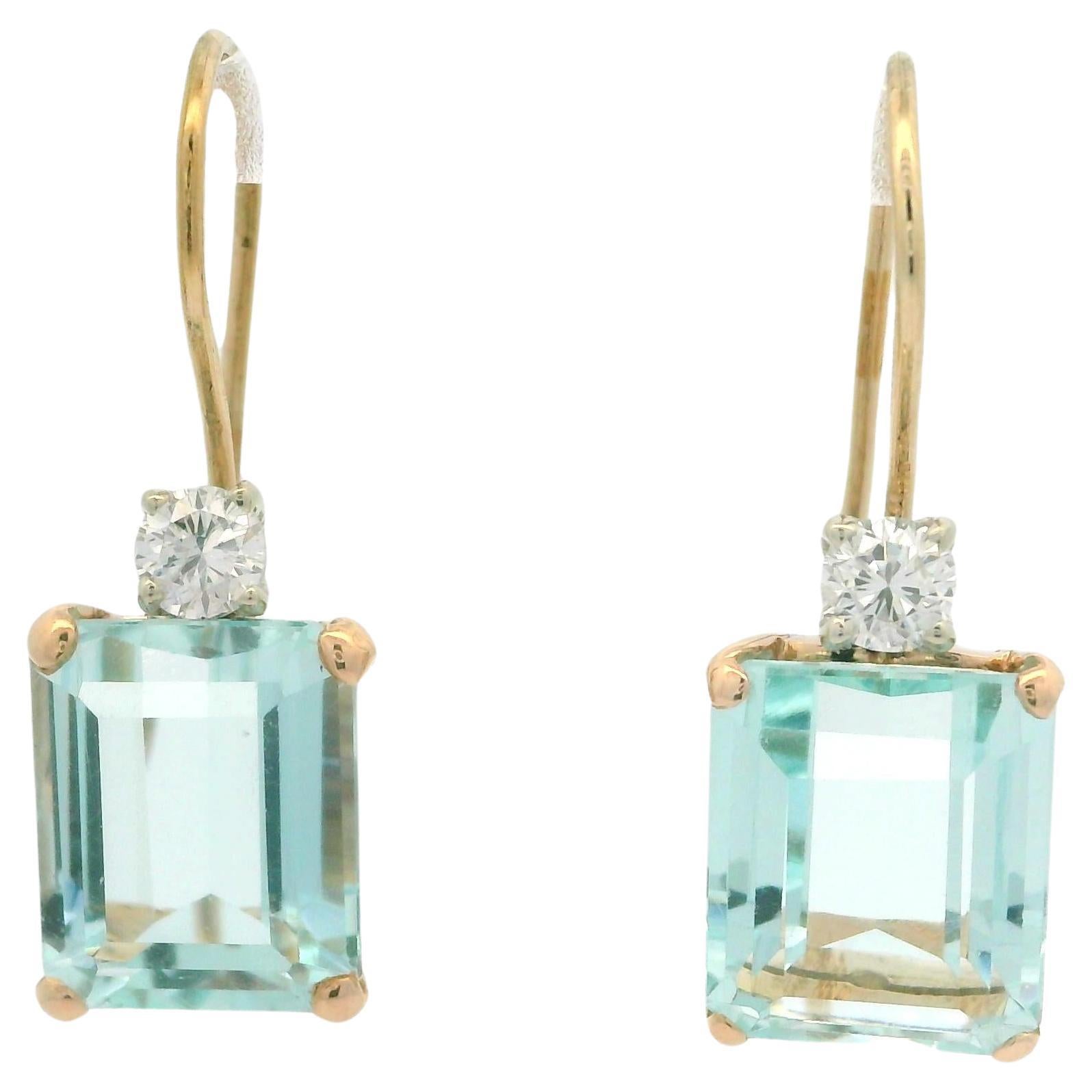 Vintage Retro 14k Gold 6.90ctw Aquamarine Diamond Dangle Hook Earrings