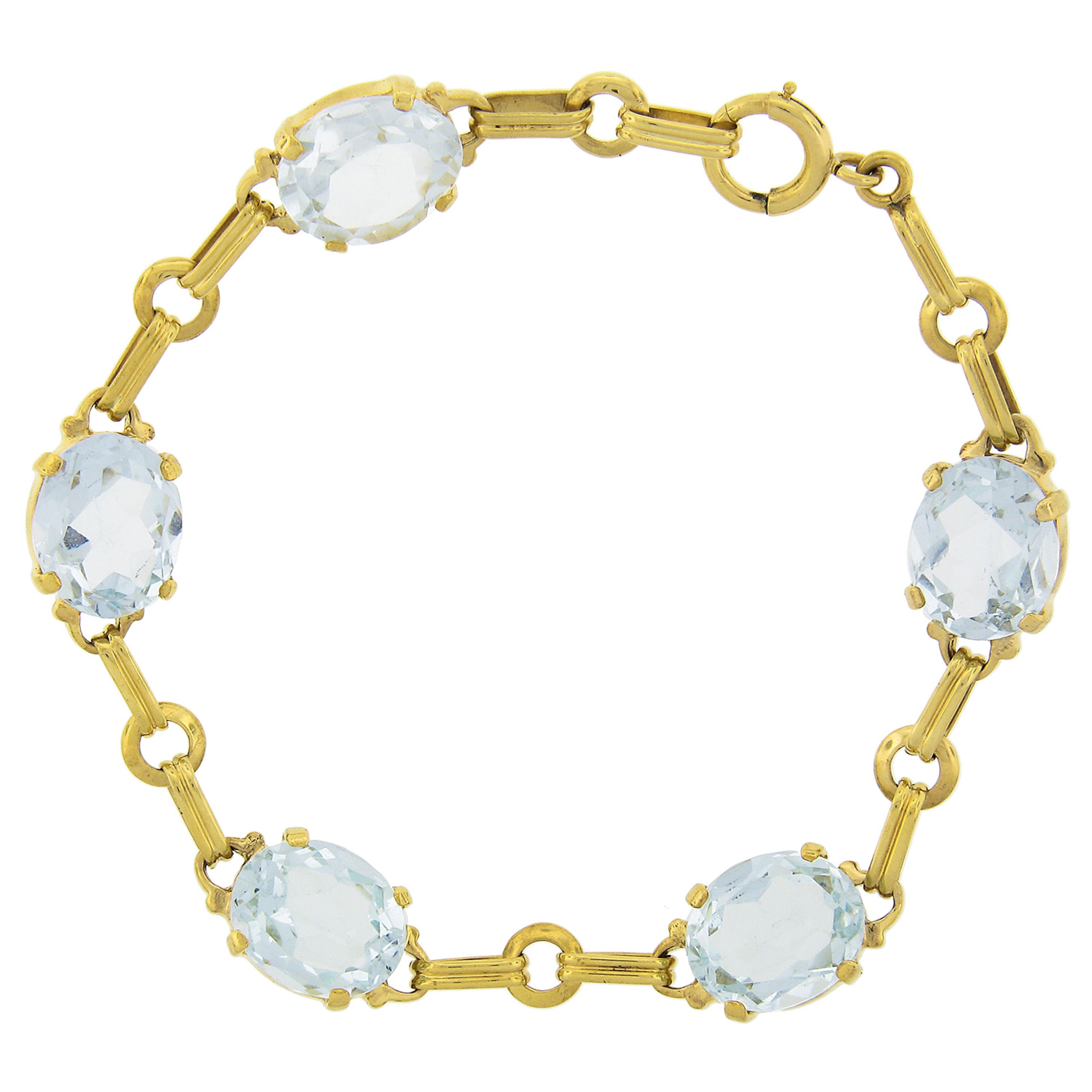 Bracciale vintage retrò in oro 14K da 7,25" con acquamarina taglio ovale a punte aperte