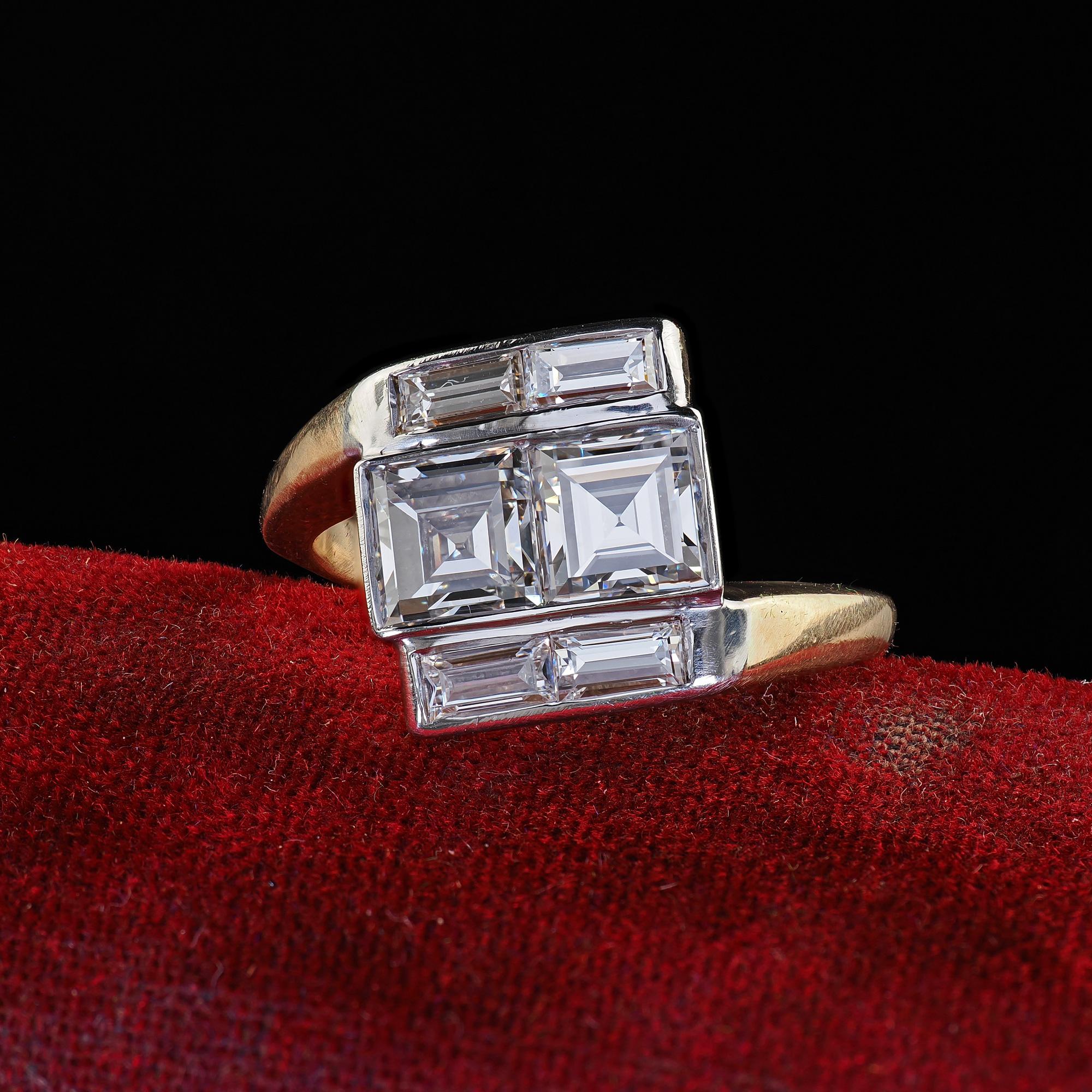 Beautiful Vintage Retro 14K Gold and Platinum Carre Cut Diamond and Baguette Ring - GIA. This gorgeous vintage retro carre cut diamond and baguette ring is crafted in 14k yellow gold and platinum. This gorgeous ring features two carre cut diamonds