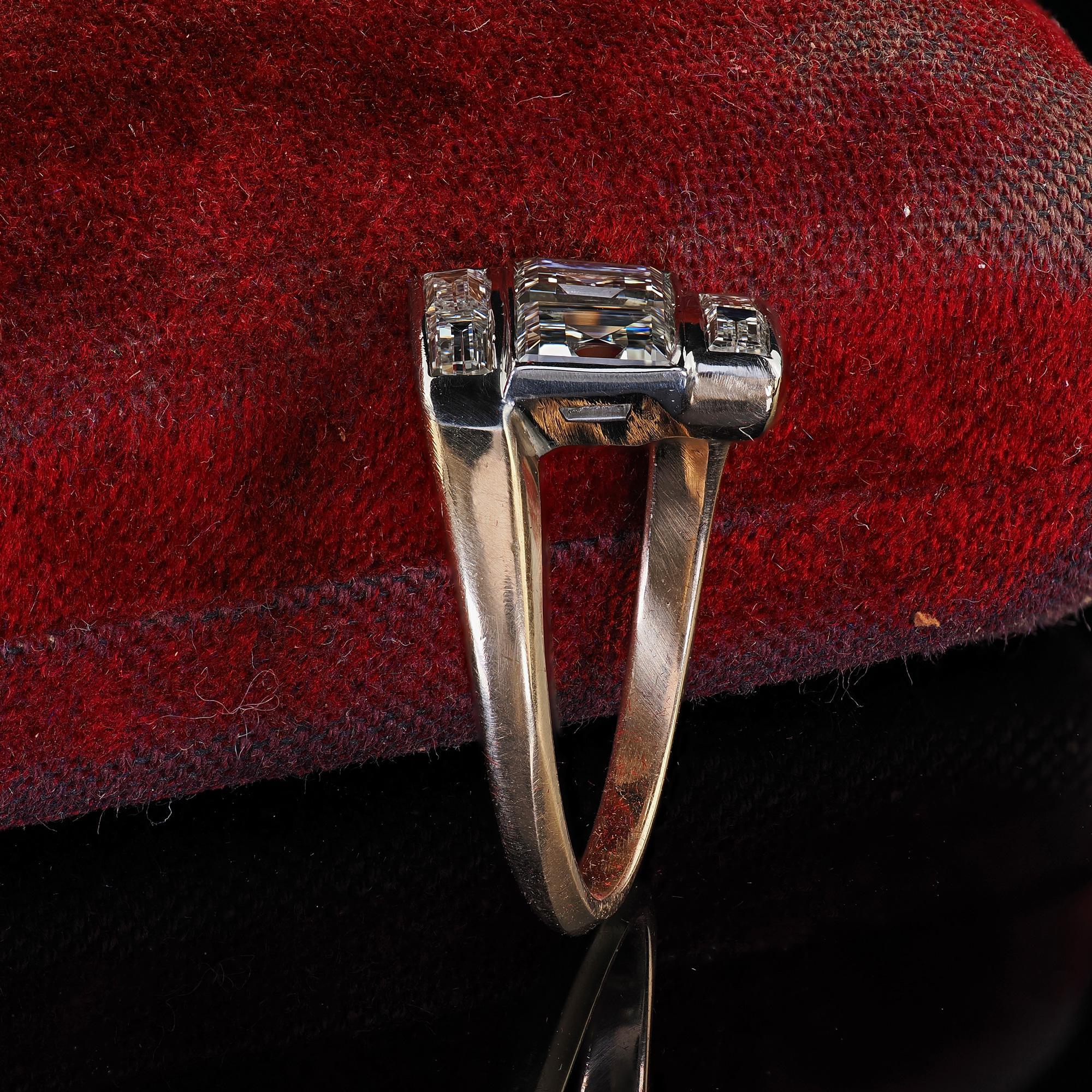 Square Cut Vintage Retro 14K Gold and Platinum Carre Cut Diamond and Baguette Ring - GIA