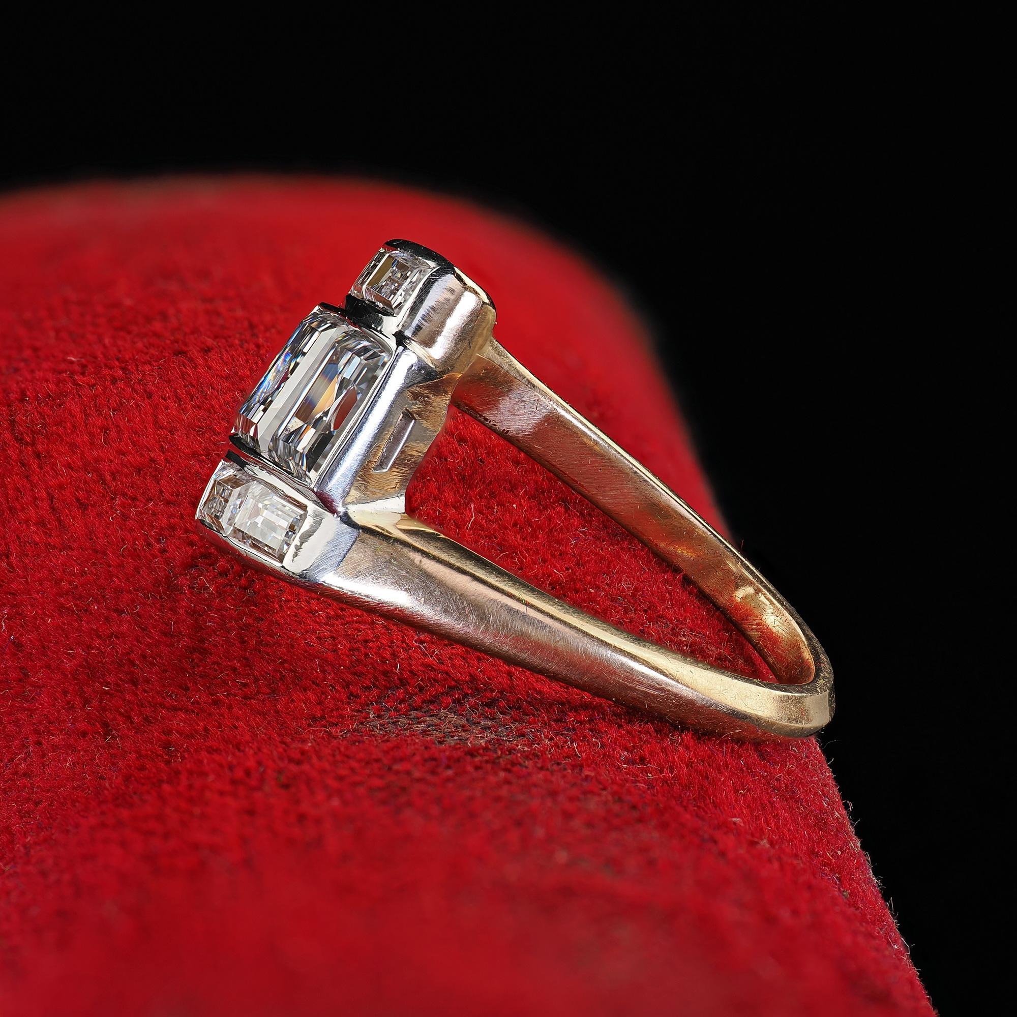 Women's Vintage Retro 14K Gold and Platinum Carre Cut Diamond and Baguette Ring - GIA