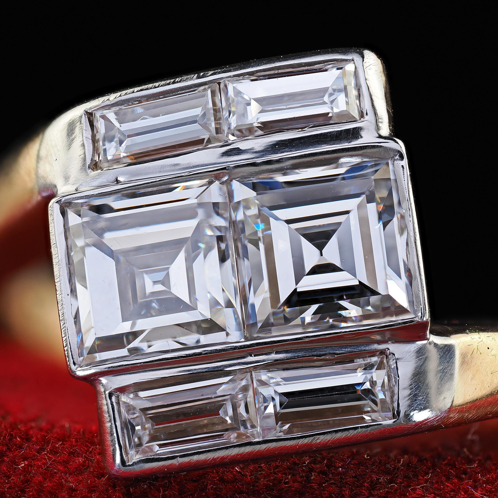 Vintage Retro 14K Gold and Platinum Carre Cut Diamond and Baguette Ring - GIA 1