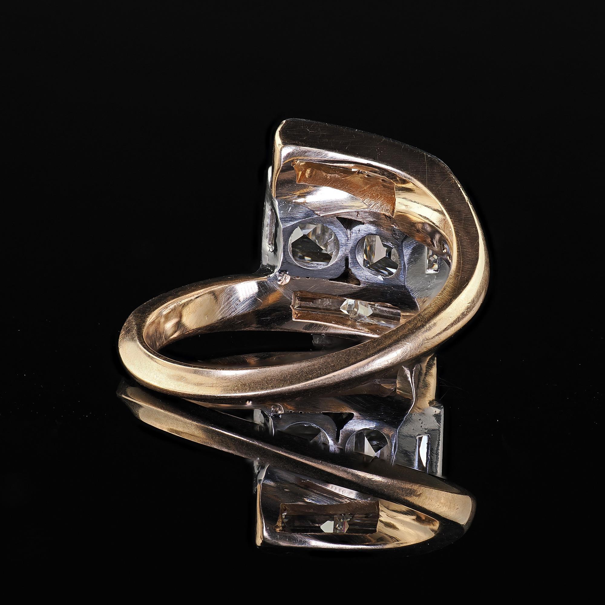Vintage Retro 14K Gold and Platinum Carre Cut Diamond and Baguette Ring - GIA 3