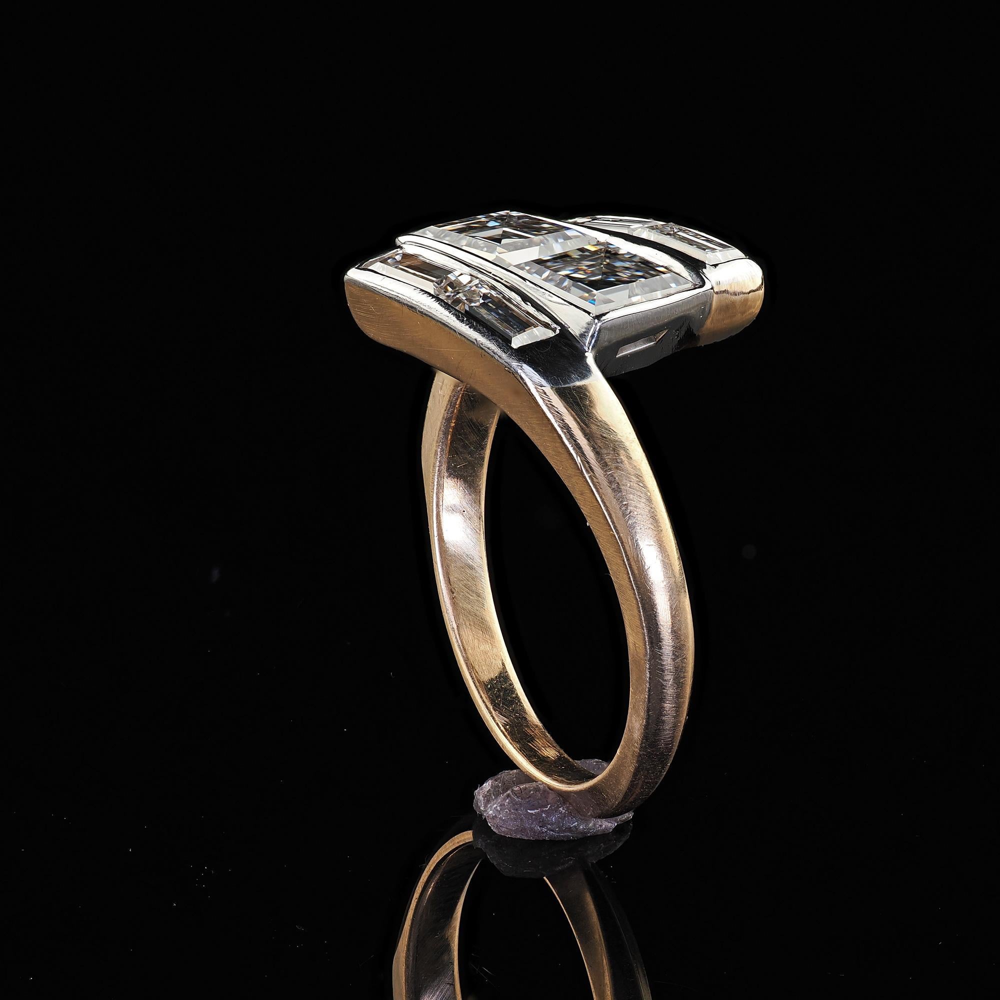Vintage Retro 14K Gold and Platinum Carre Cut Diamond and Baguette Ring - GIA 4