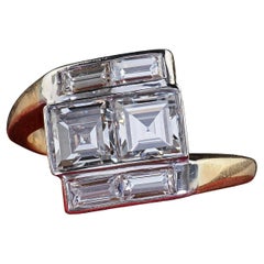 Vintage Retro 14K Gold and Platinum Carre Cut Diamond and Baguette Ring - GIA