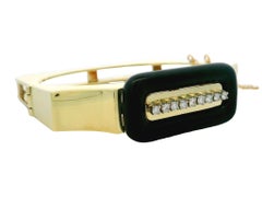 Offener Vintage-Armreif mit Scharnier, Retro 14k Gold Schwarzer Onyx & Diamant, Vintage