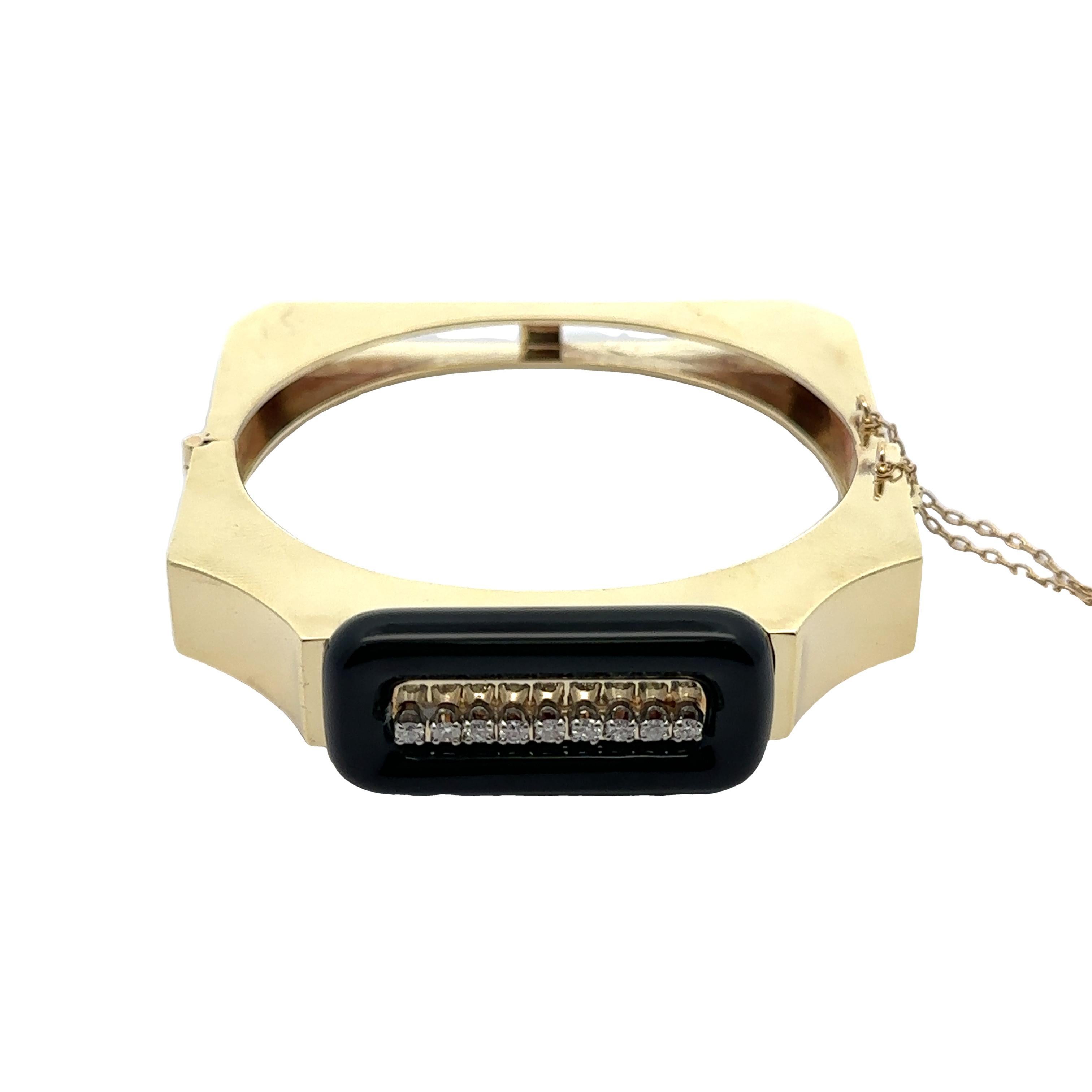 Vintage Retro 14k Gold Black Onyx & Diamond Substantial Hinged Open Bangle en vente 2