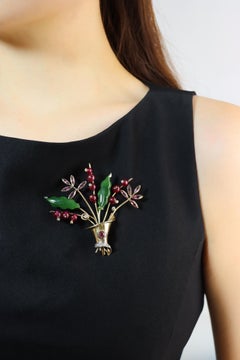 Vintage Retro 14K Gold Diamond Ruby Amethyst Jade Flower Brooch