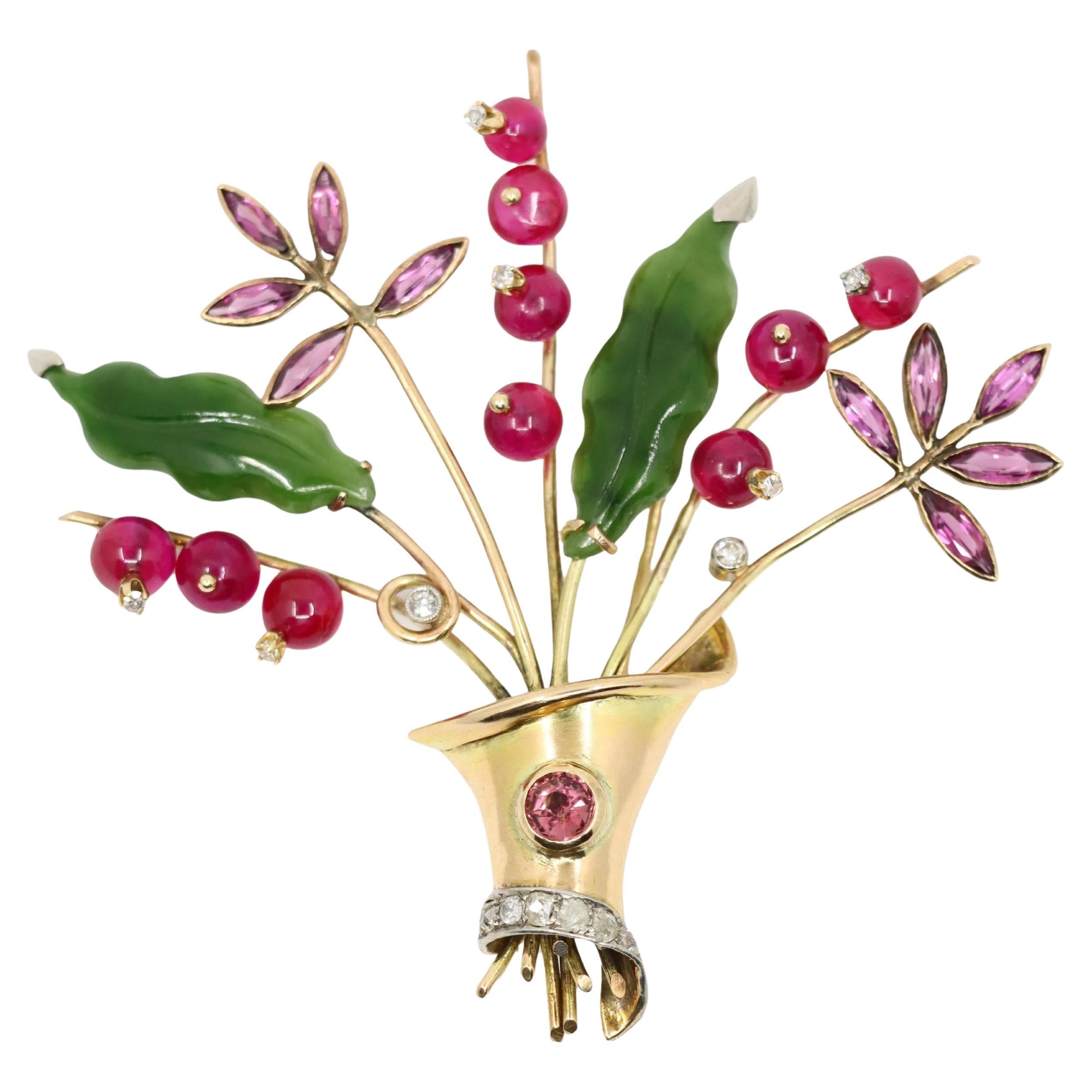 Broche flor vintage retro de oro de 14 quilates con diamantes, rubíes, amatistas y jade
