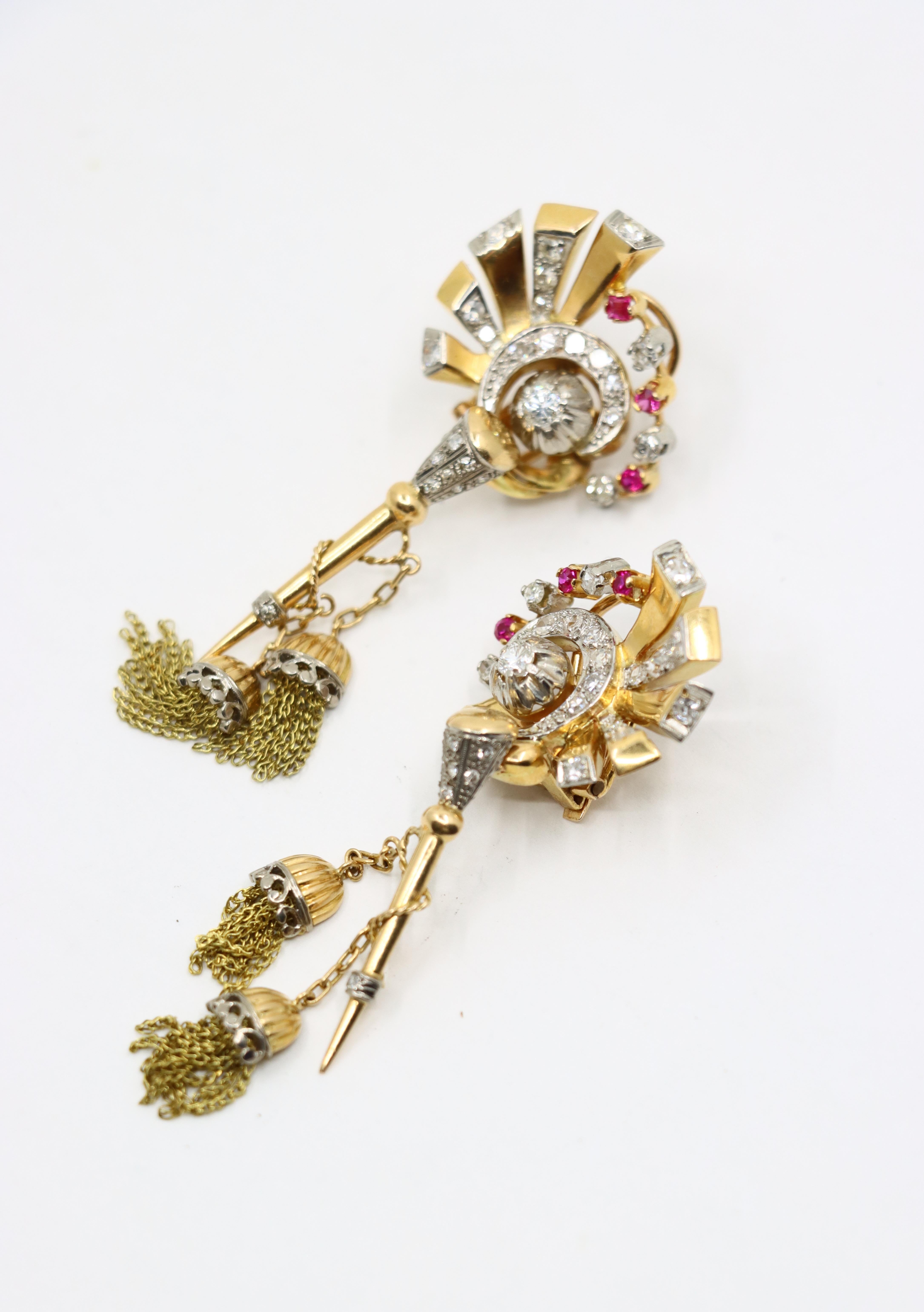 Vintage Retro 14K Gold Diamond Ruby Swirl Tassel Earrings For Sale 5
