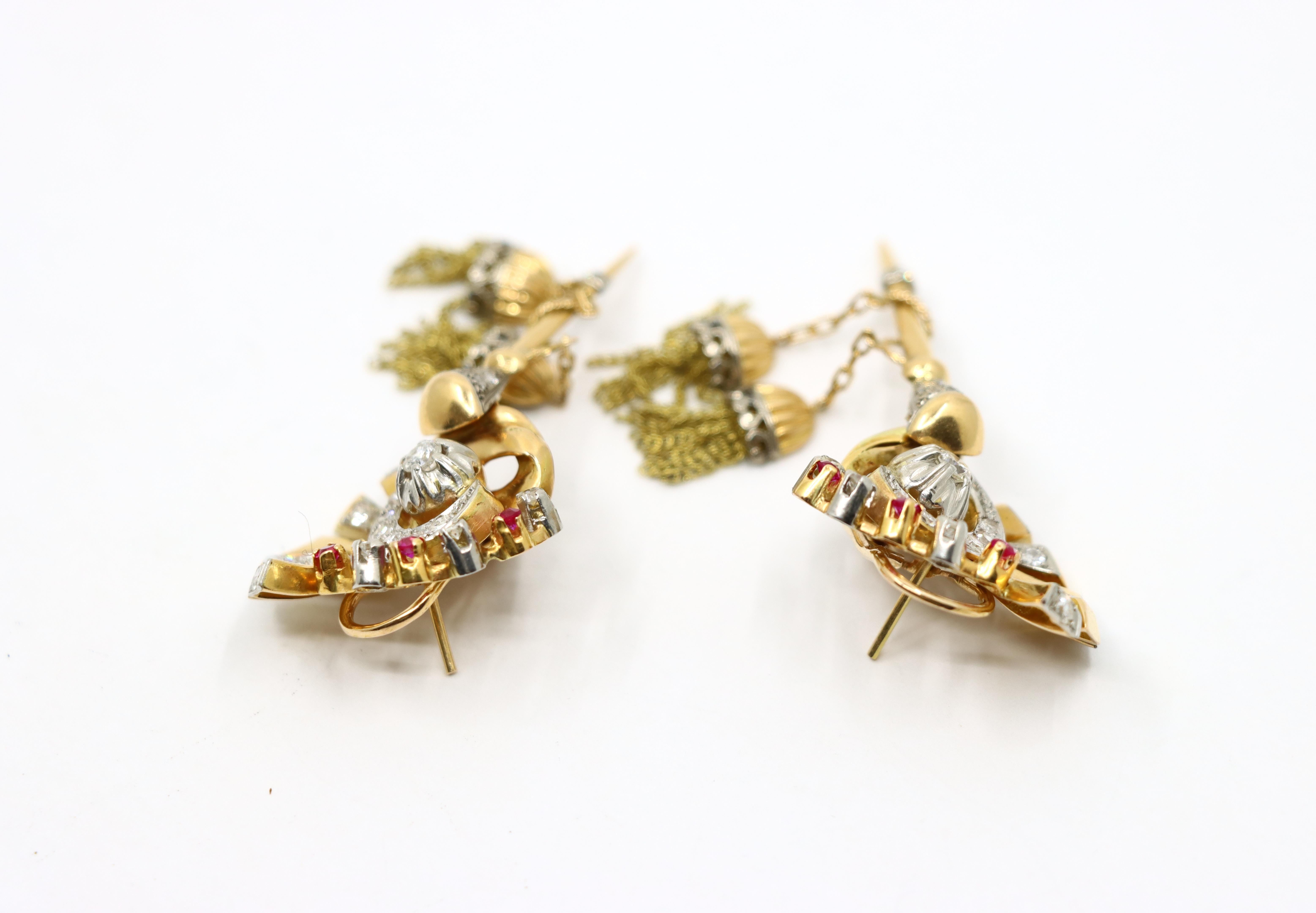 Vintage Retro 14K Gold Diamond Ruby Swirl Tassel Earrings For Sale 6