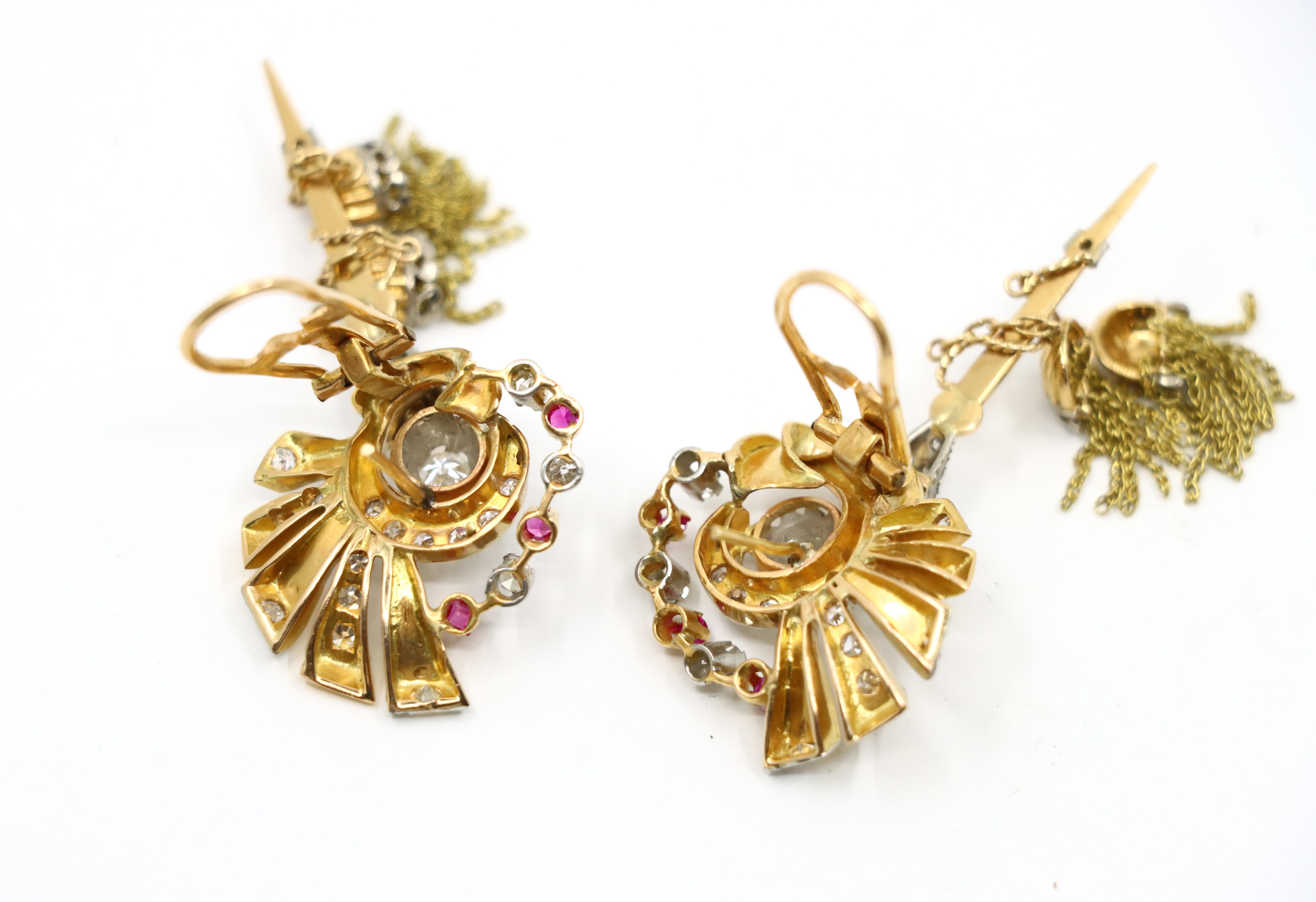 Vintage Retro 14K Gold Diamond Ruby Swirl Tassel Earrings For Sale 8