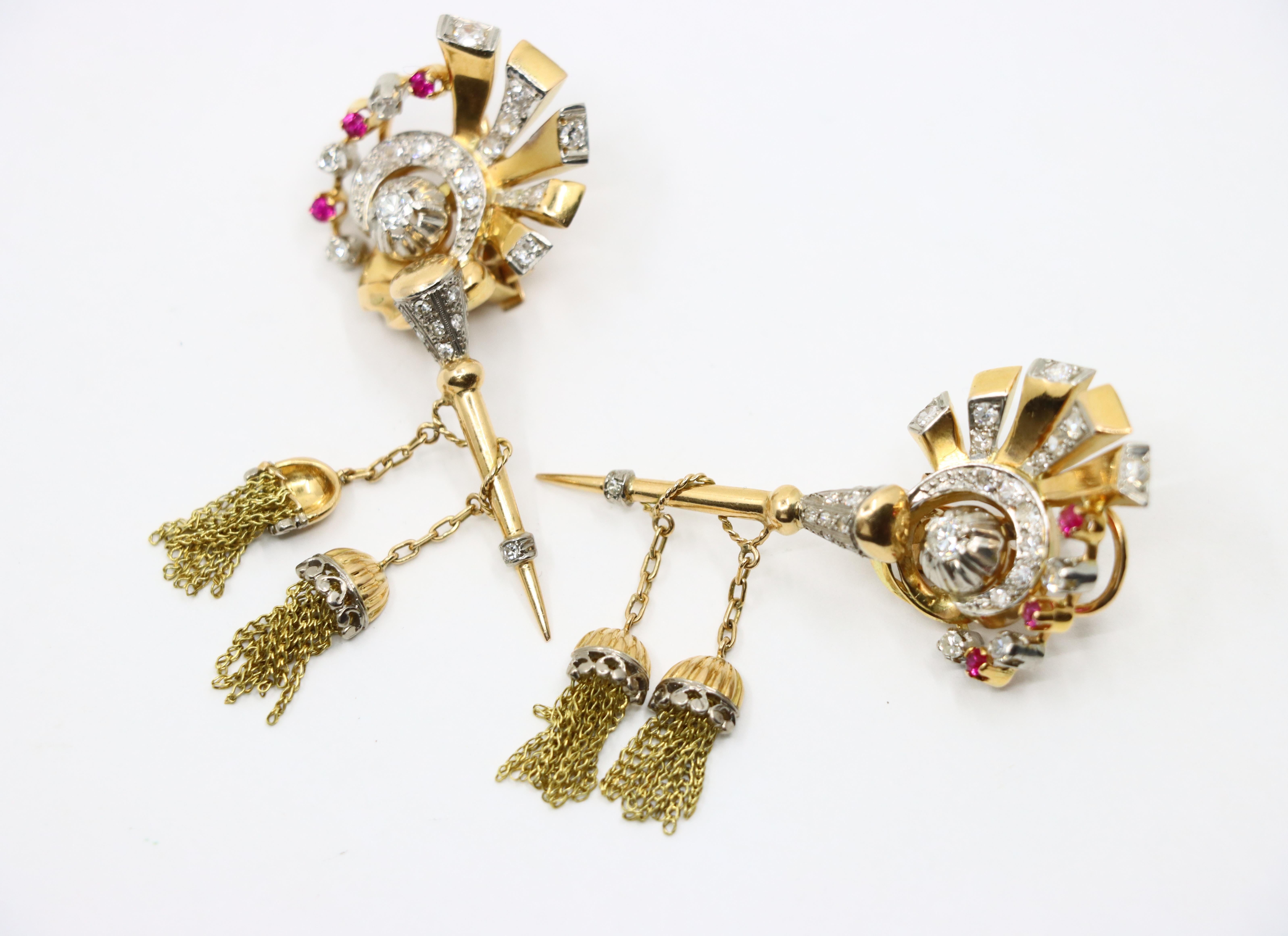 Vintage Retro 14K Gold Diamond Ruby Swirl Tassel Earrings For Sale 9
