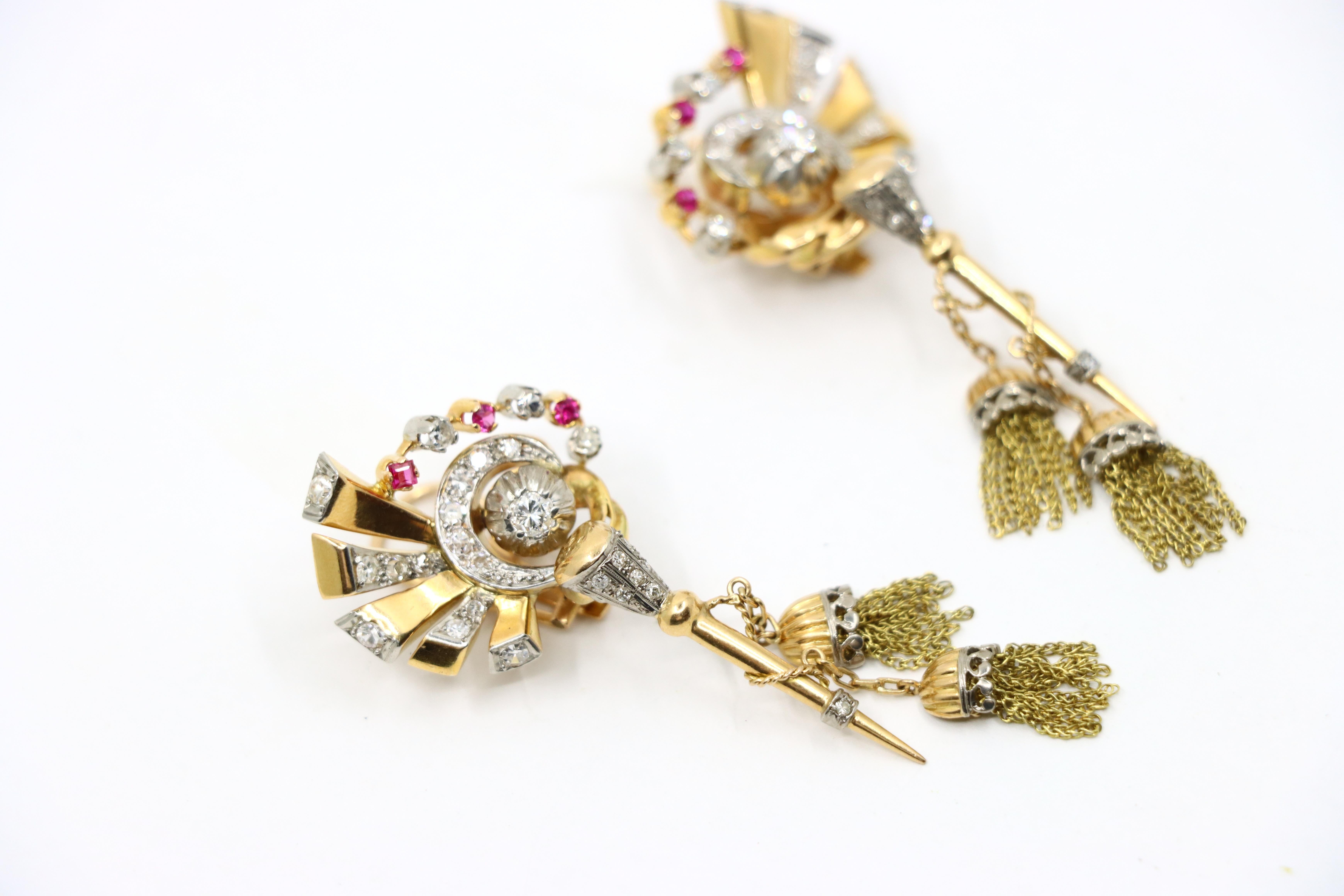Brilliant Cut Vintage Retro 14K Gold Diamond Ruby Swirl Tassel Earrings For Sale