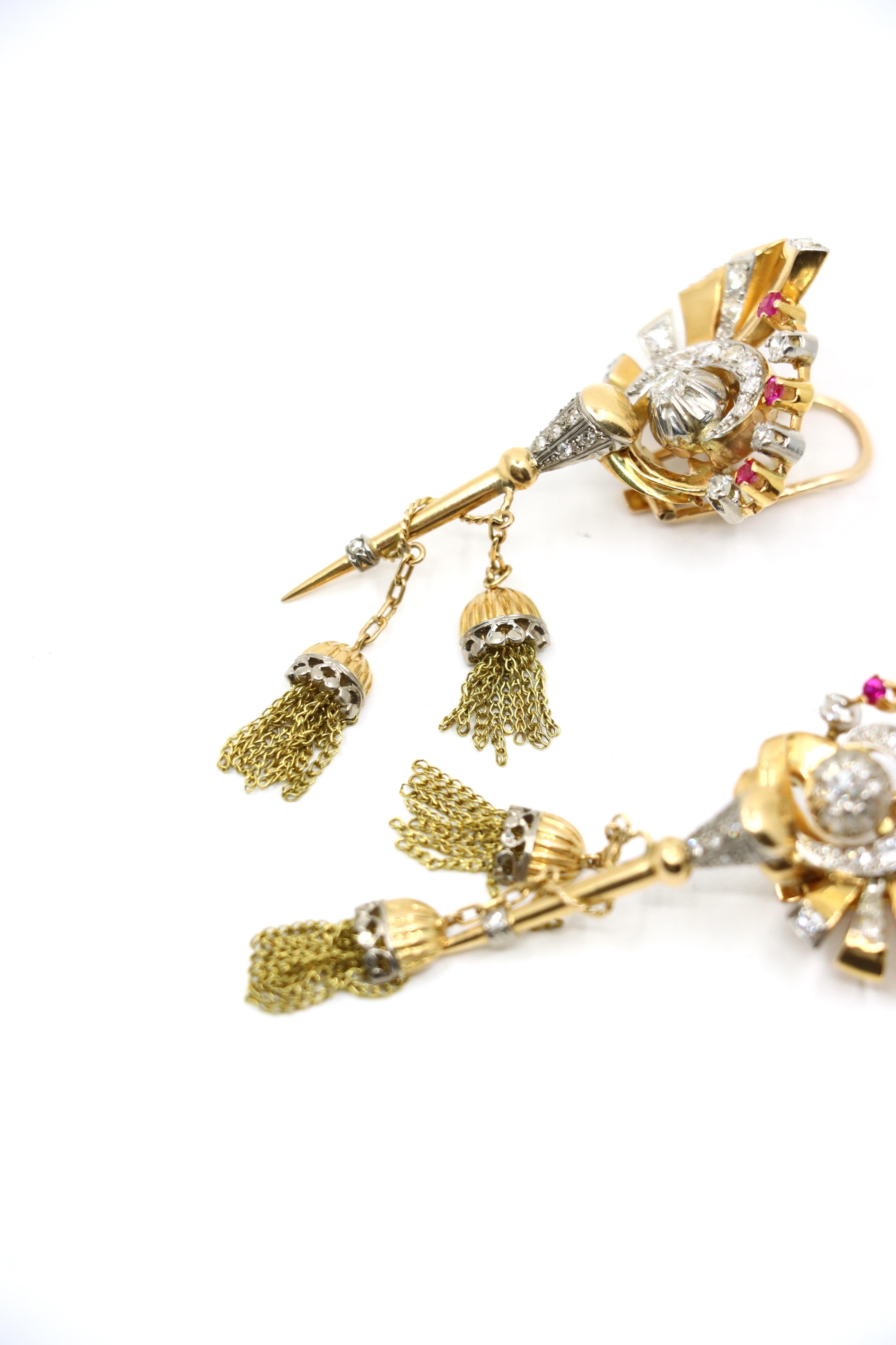 Women's Vintage Retro 14K Gold Diamond Ruby Swirl Tassel Earrings For Sale