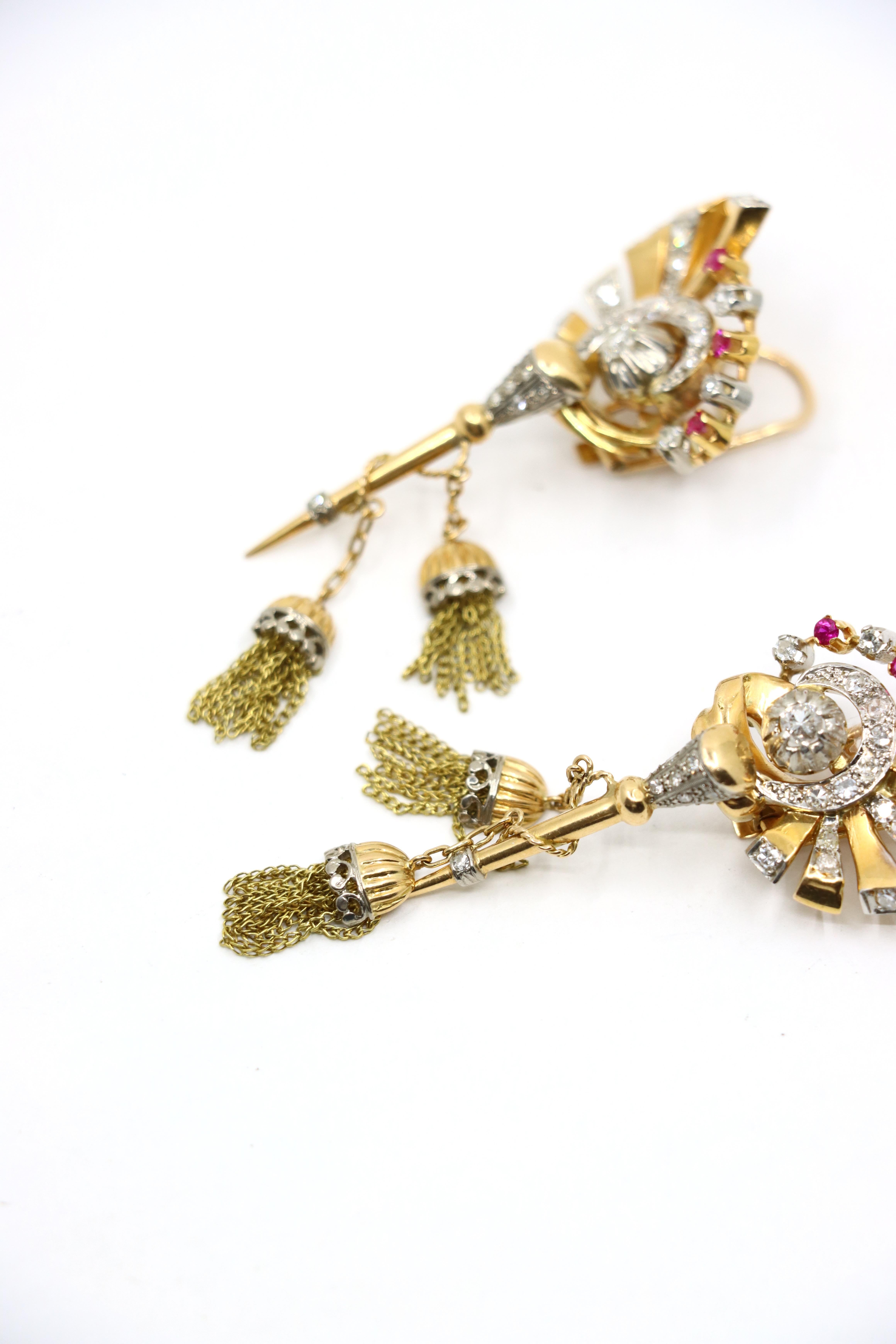 Vintage Retro 14K Gold Diamond Ruby Swirl Tassel Earrings For Sale 1
