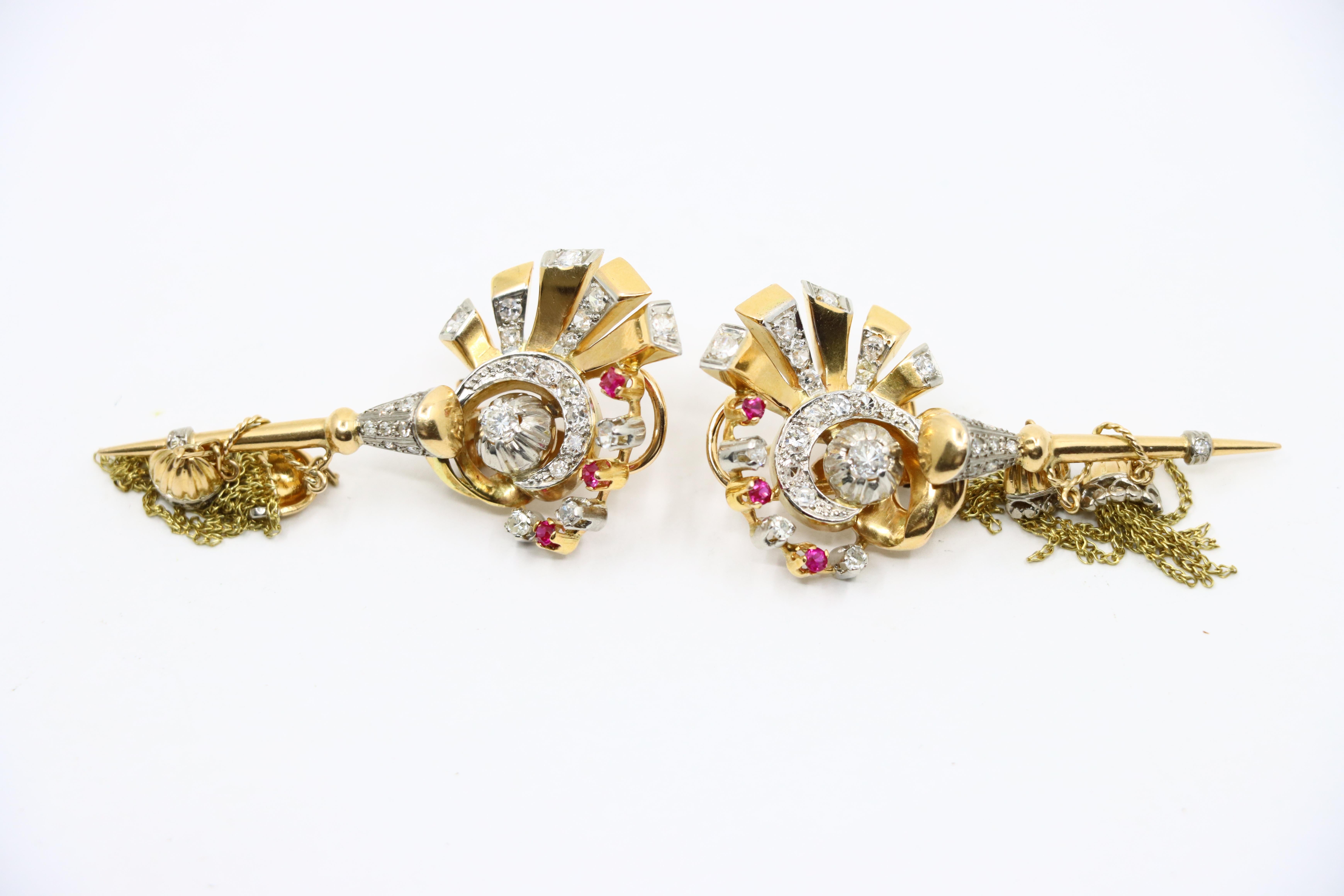 Vintage Retro 14K Gold Diamond Ruby Swirl Tassel Earrings For Sale 2
