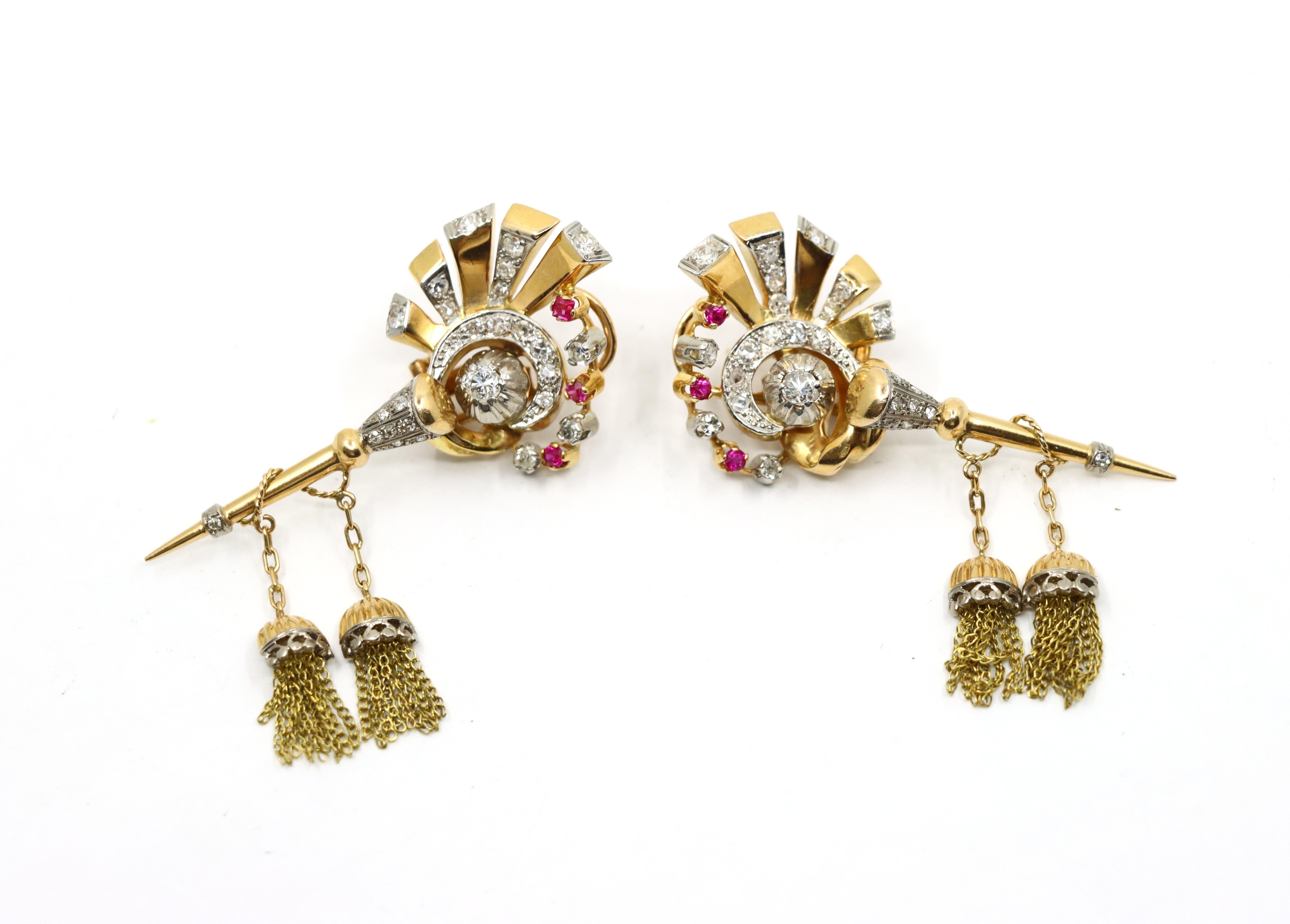 Vintage Retro 14K Gold Diamond Ruby Swirl Tassel Earrings For Sale 4