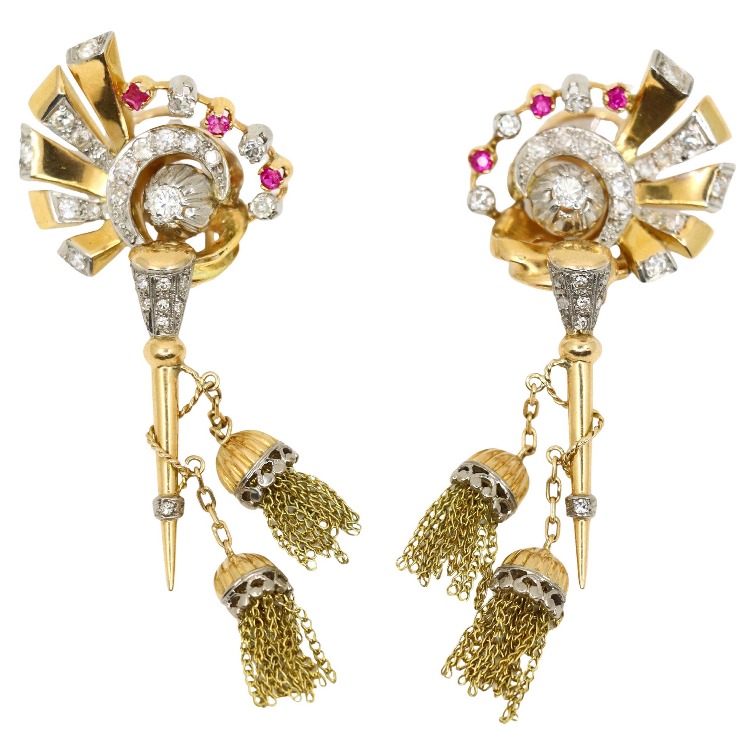 Pendientes vintage retro de borla de oro de 14 quilates con diamantes y rubíes en espiral