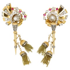 Vintage Retro 14K Gold Diamond Ruby Swirl Tassel Earrings